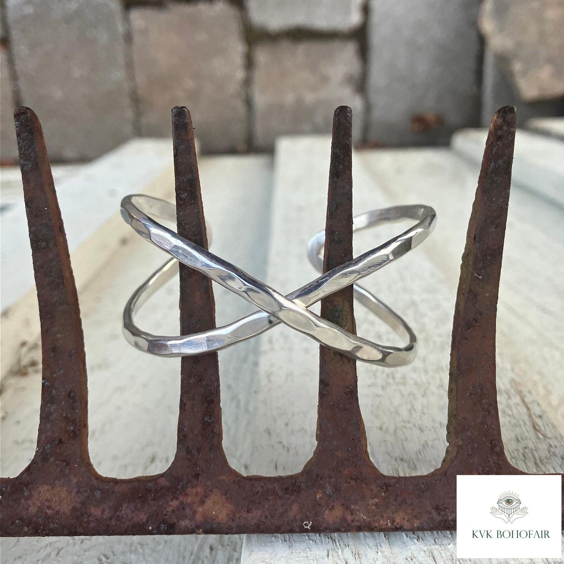 Hammered Silver Criss Cross Cuff Bracelet: Boho X Design