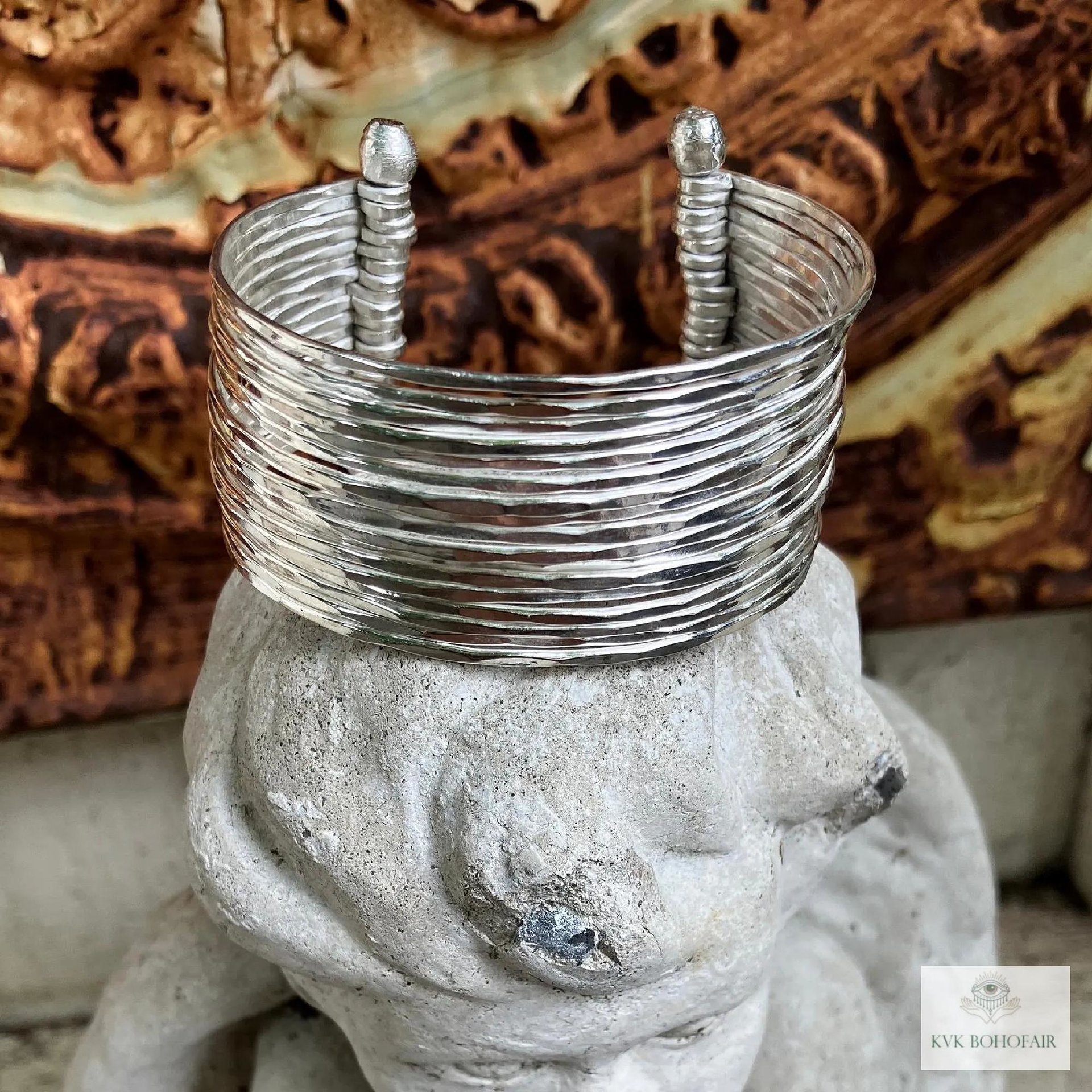 Wide Hammered Silver Cuff Bracelet: Handcrafted Boho Jewelry