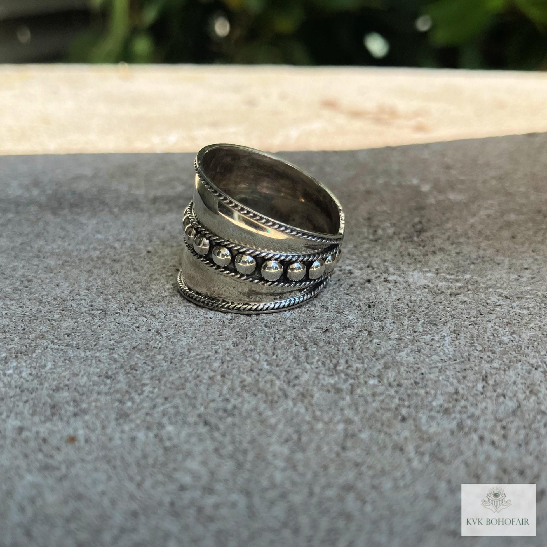 Sterling Silver Wide Band Ring: Boho Dot Detail, Handmade