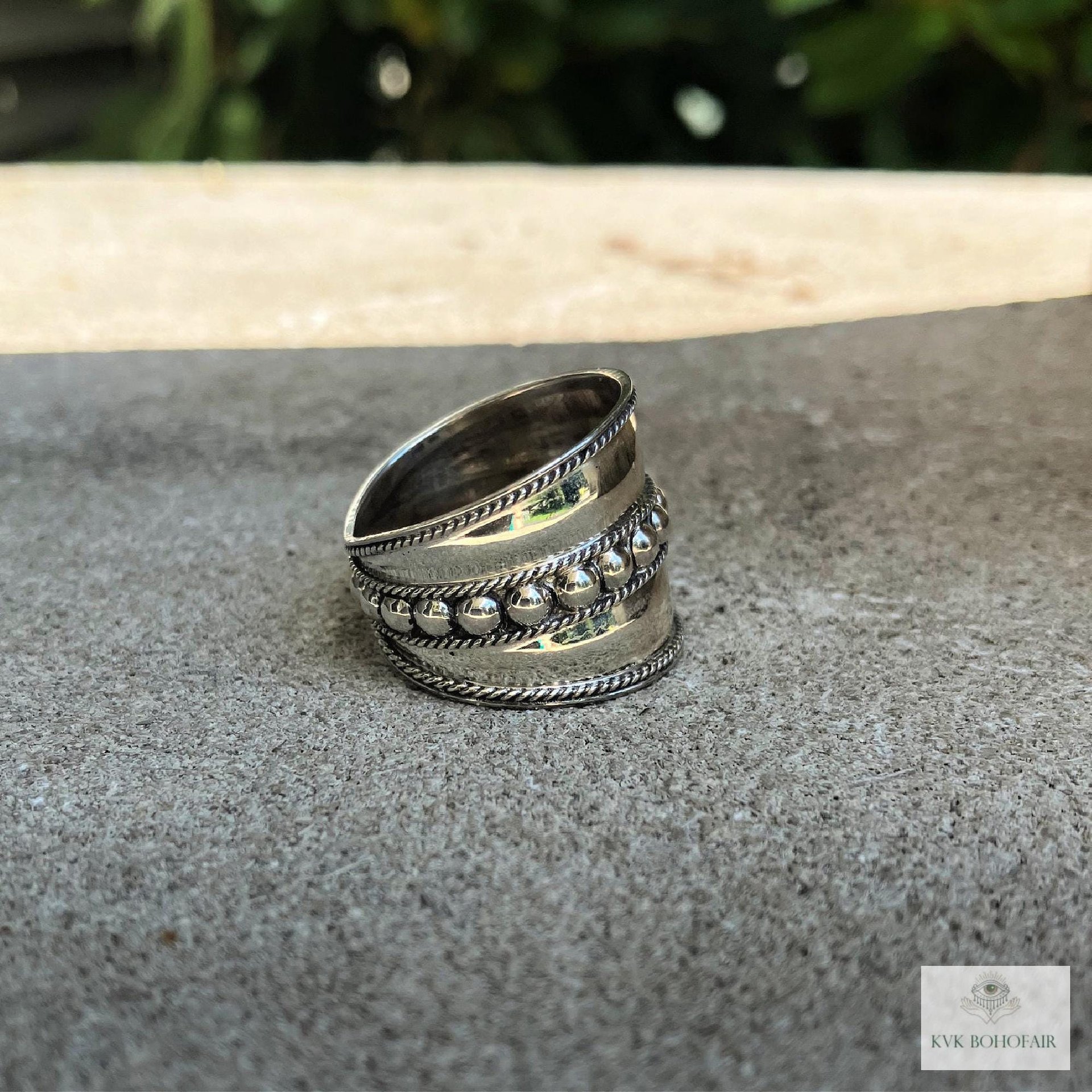 Sterling Silver Wide Band Ring: Boho Dot Detail, Handmade