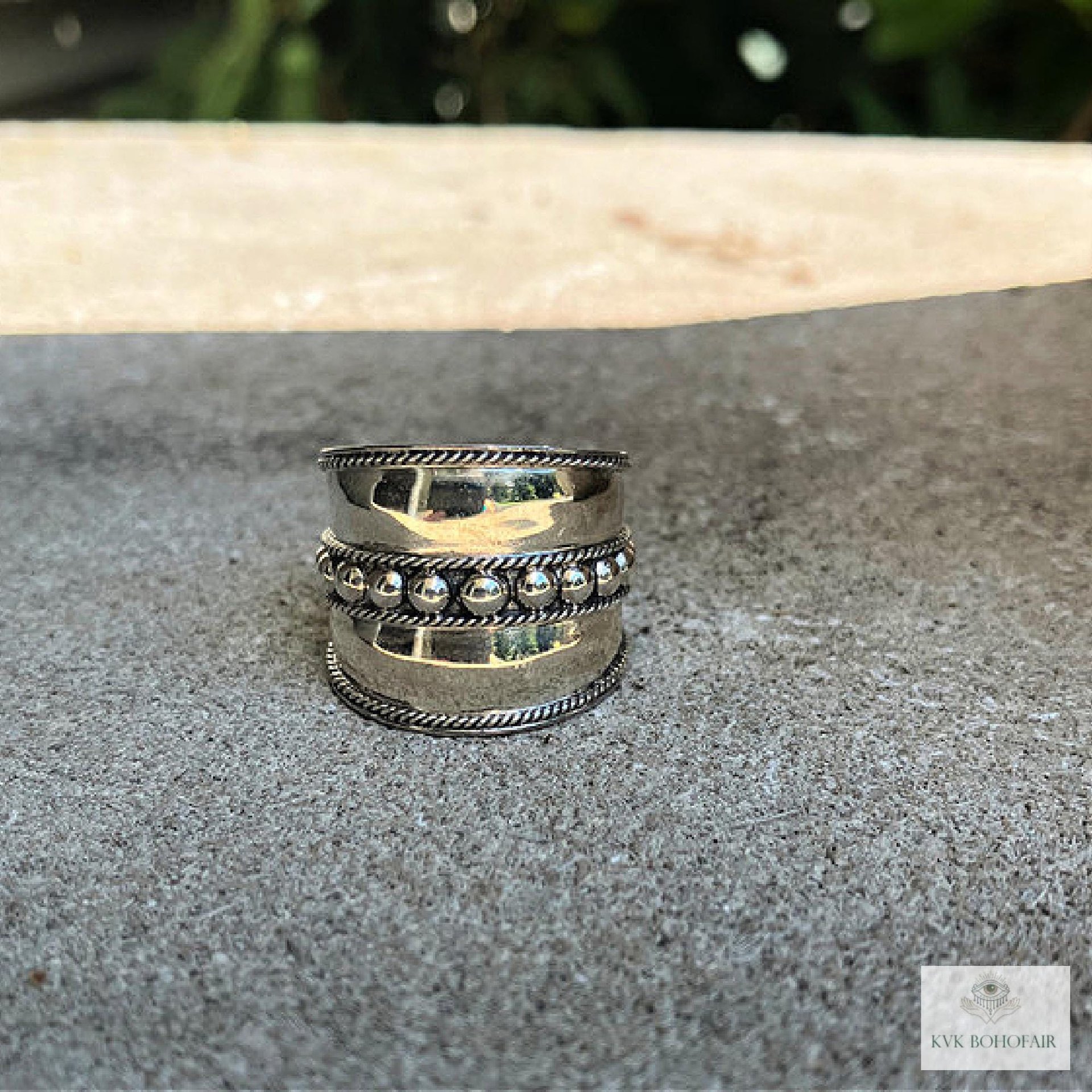 Sterling Silver Wide Band Ring: Boho Dot Detail, Handmade