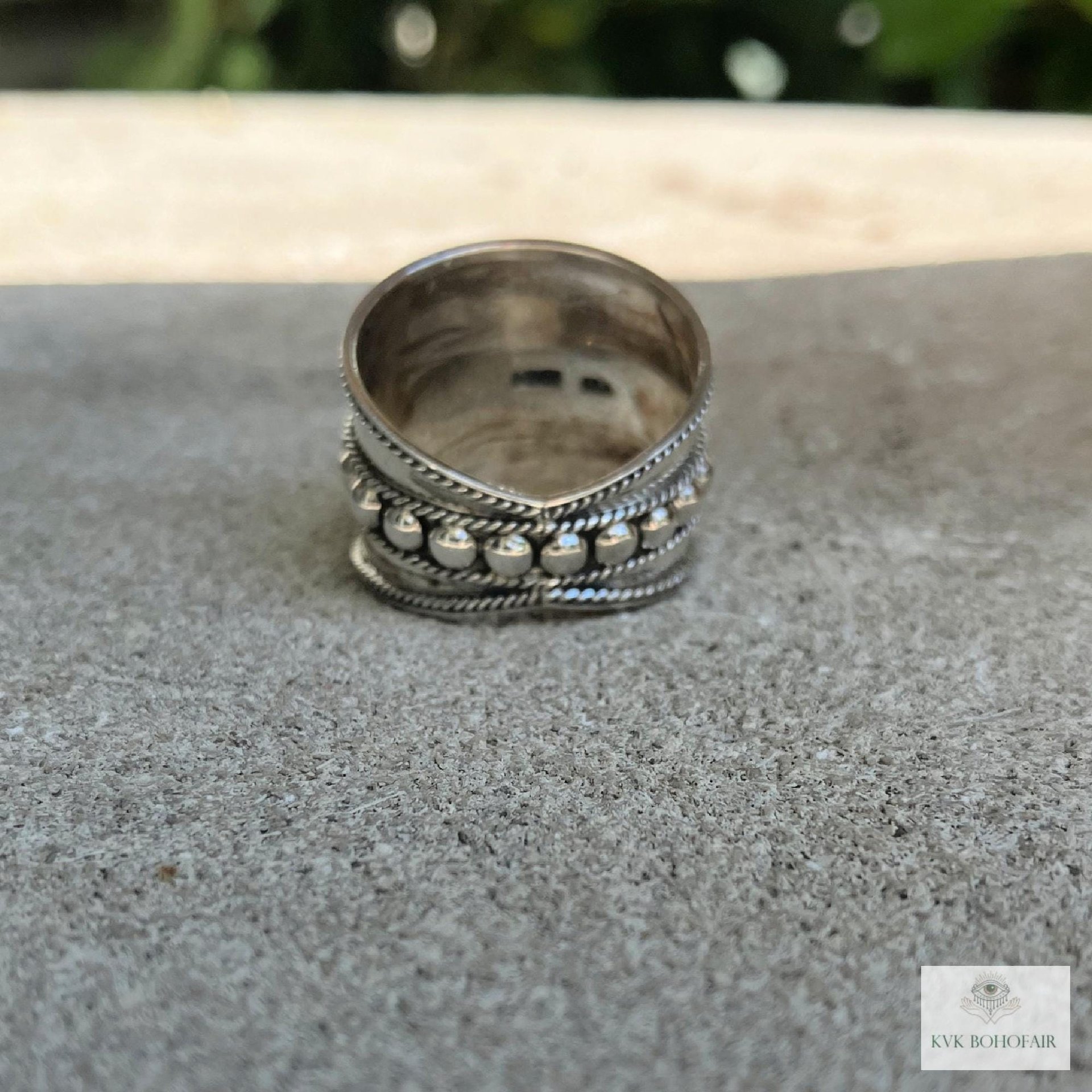 Sterling Silver Wide Band Ring: Boho Dot Detail, Handmade