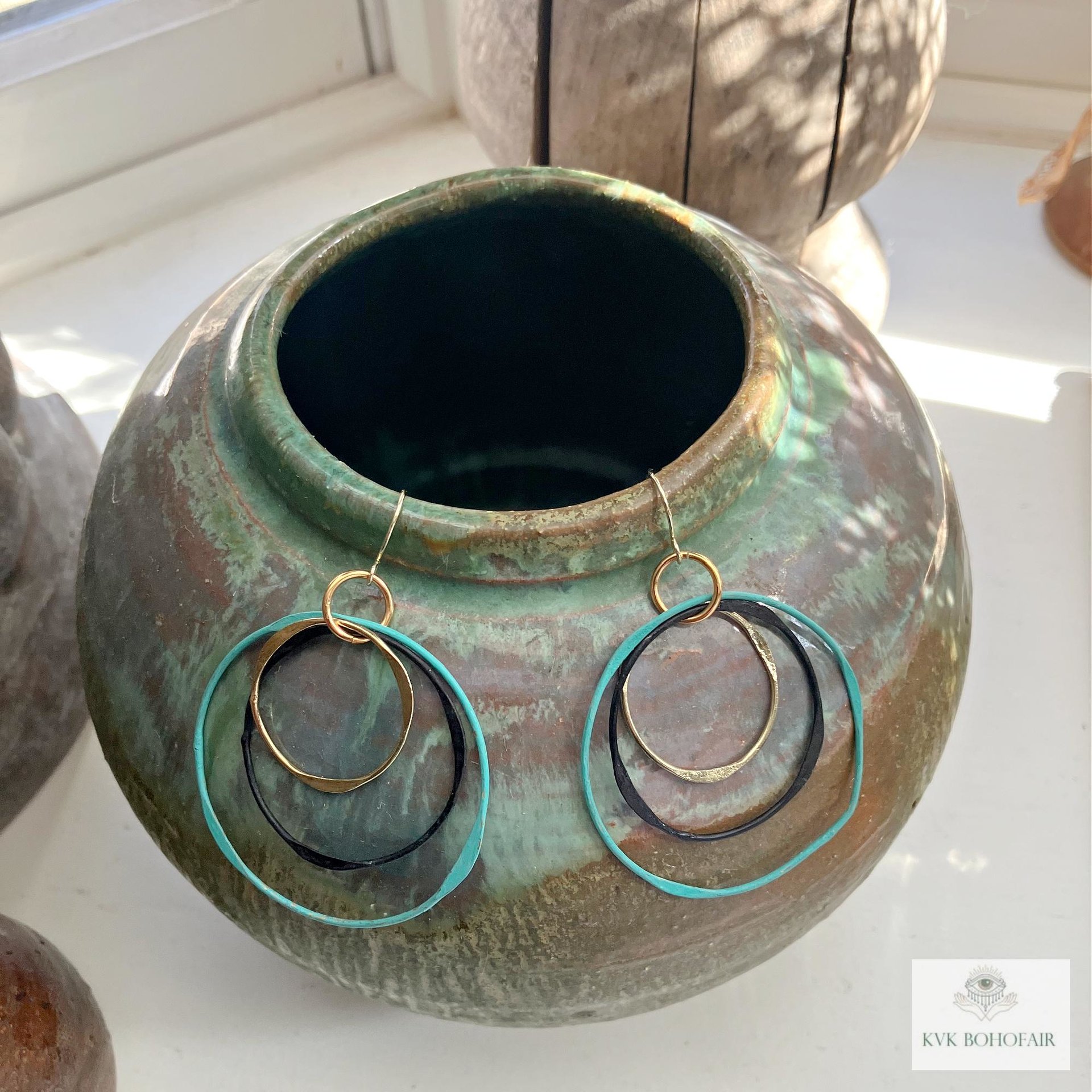 Boho Mixed Metal Round Earrings - Circle Dangle Earrings, Statement Jewelry