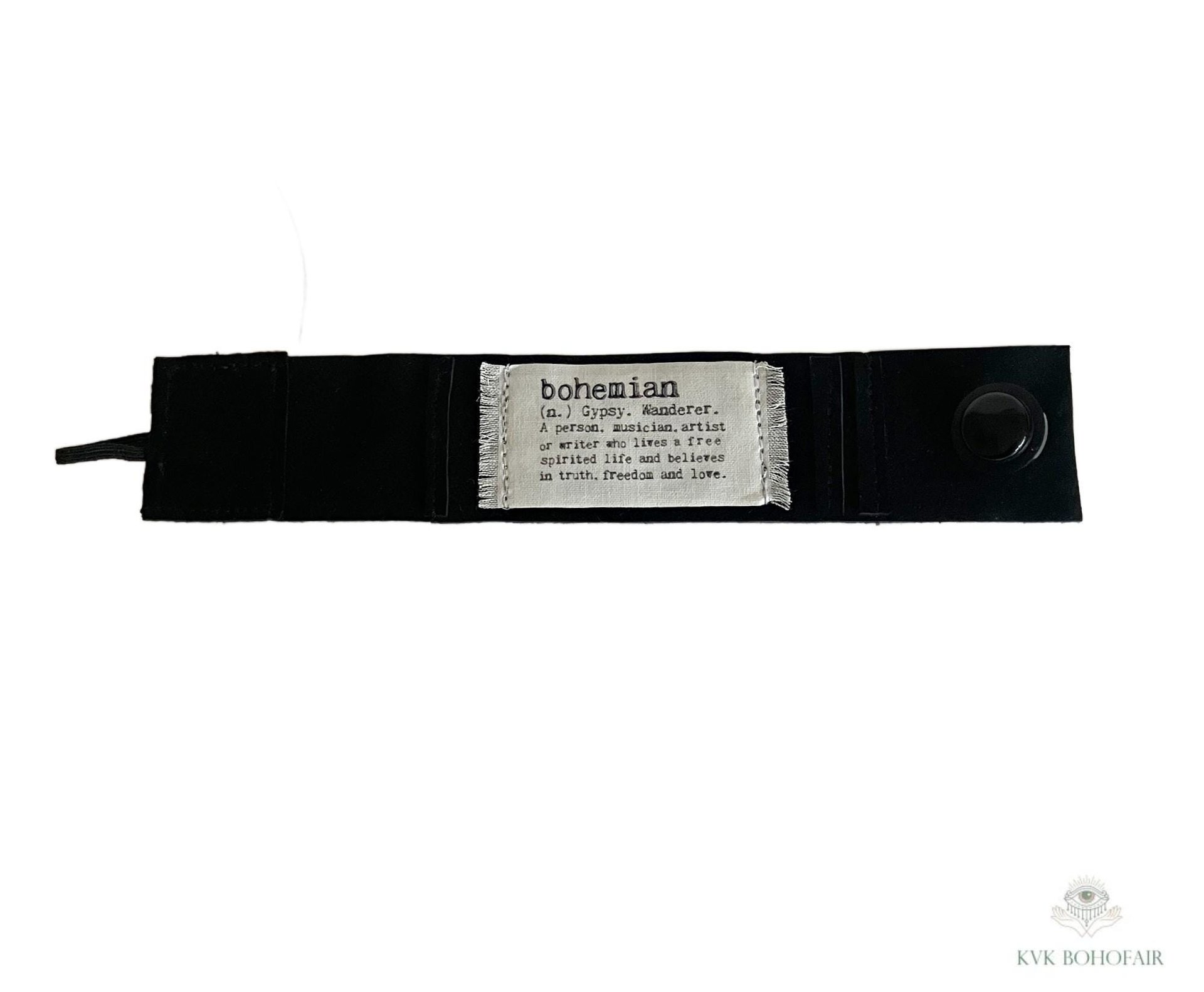 Black Suede Boho Cuff Bracelet - Cotton Fabric, Vintage Crochet, Button Closure