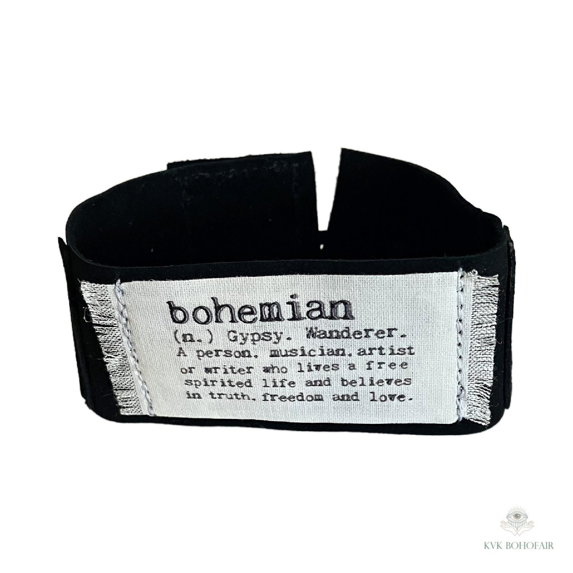 Black Suede Boho Cuff Bracelet - Cotton Fabric, Vintage Crochet, Button Closure