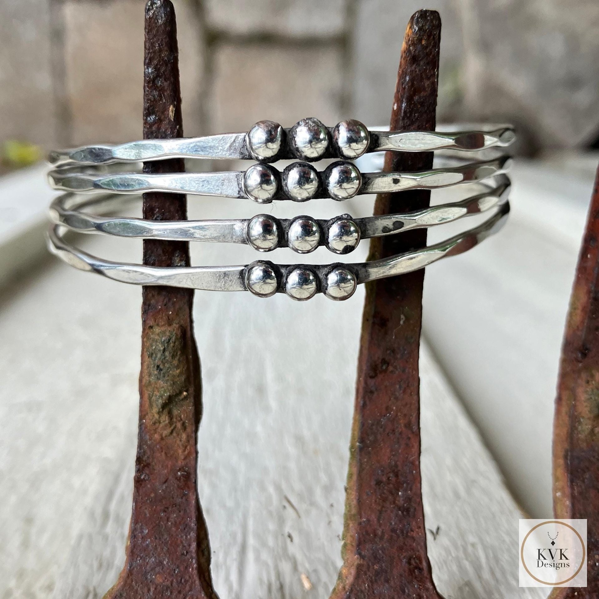 Hammered Silver Beaded Cuff Bracelet: Handcrafted Boho Jewelry