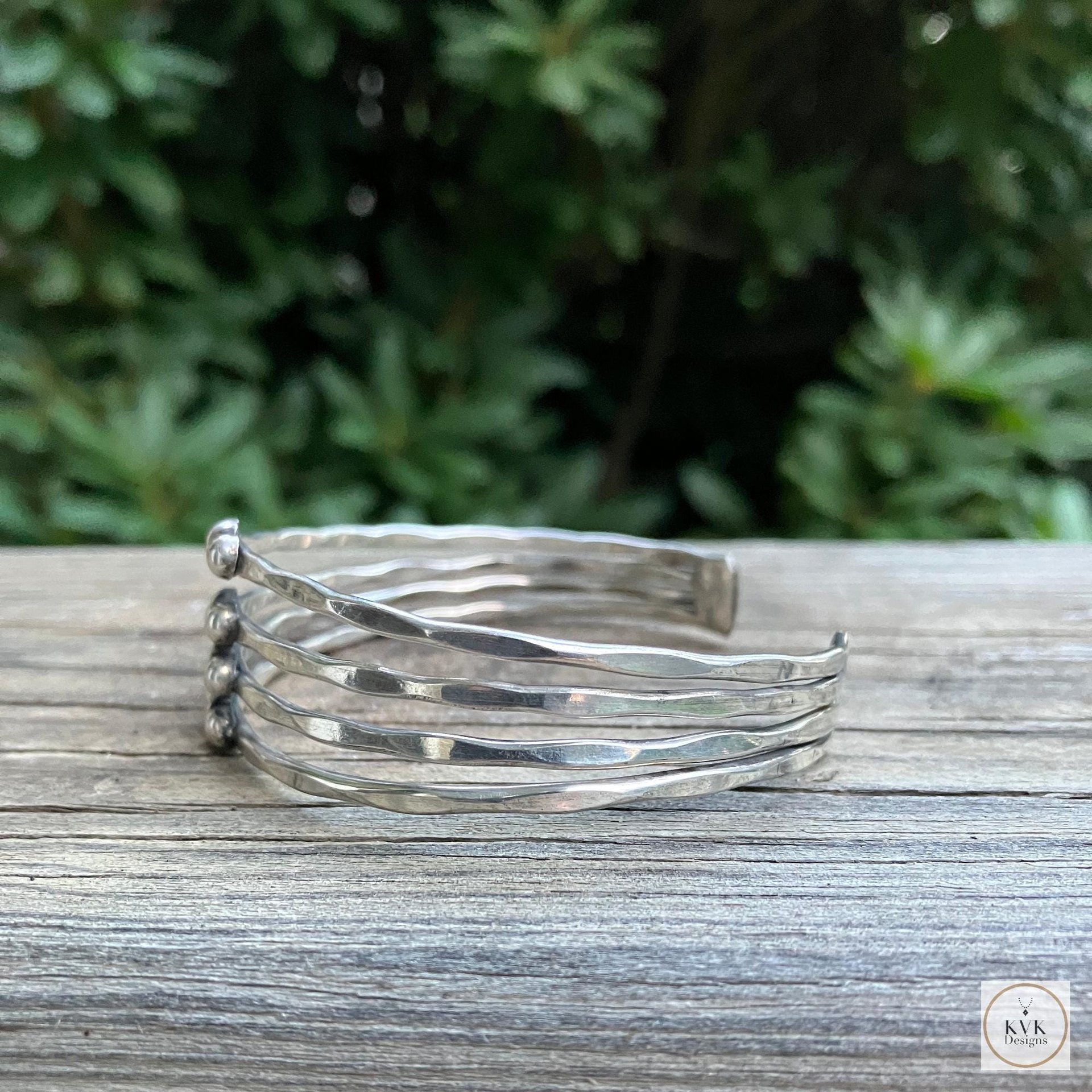 Hammered Silver Beaded Cuff Bracelet: Handcrafted Boho Jewelry