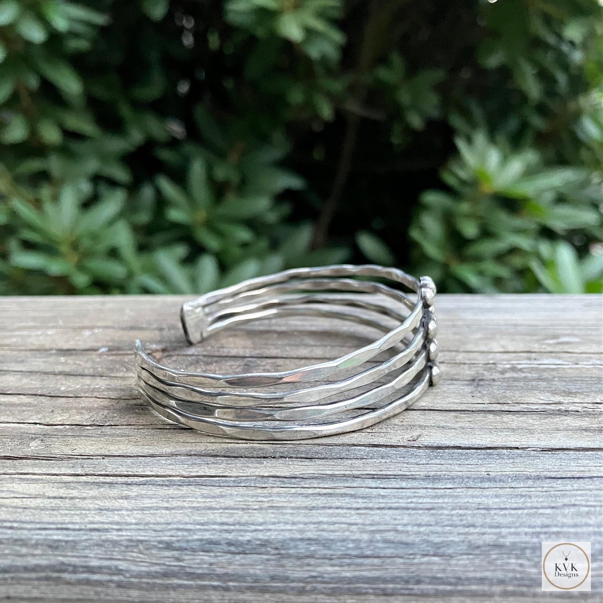 Hammered Silver Beaded Cuff Bracelet: Handcrafted Boho Jewelry