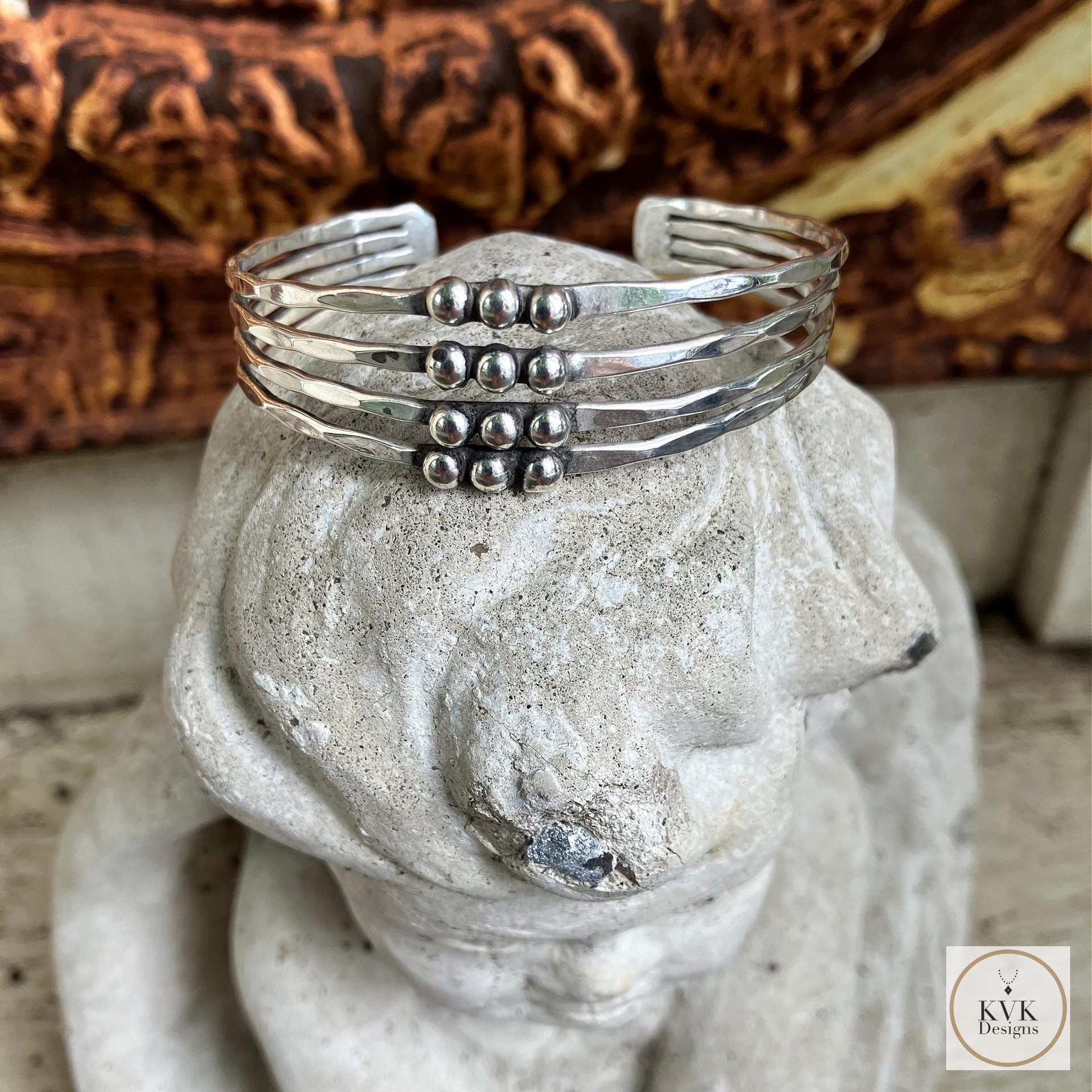 Hammered Silver Beaded Cuff Bracelet: Handcrafted Boho Jewelry