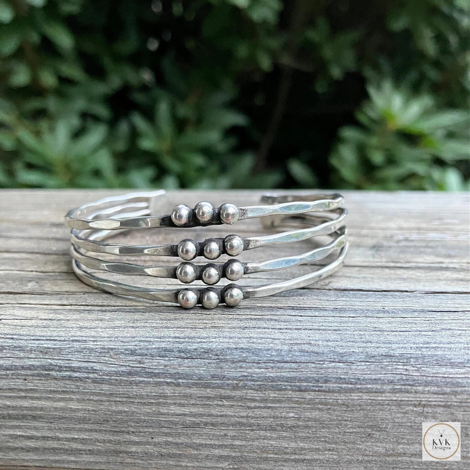 Hammered Silver Beaded Cuff Bracelet: Handcrafted Boho Jewelry