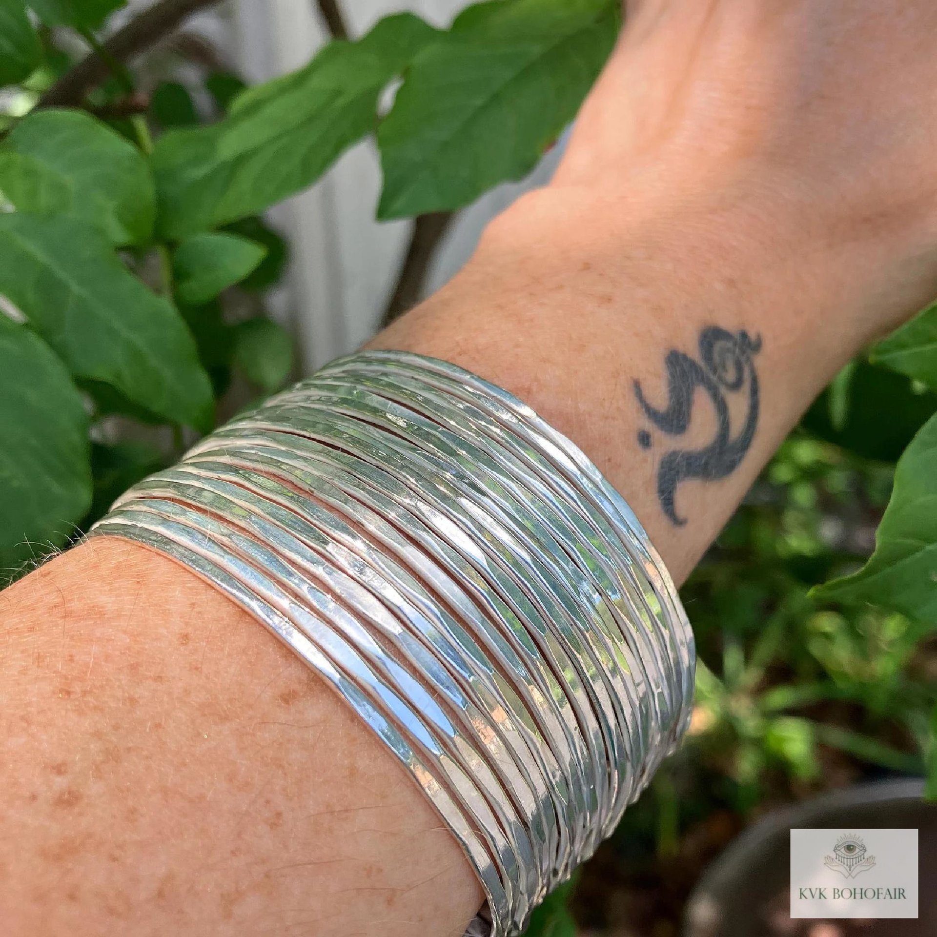 Wide Hammered Silver Cuff Bracelet: Handcrafted Boho Jewelry