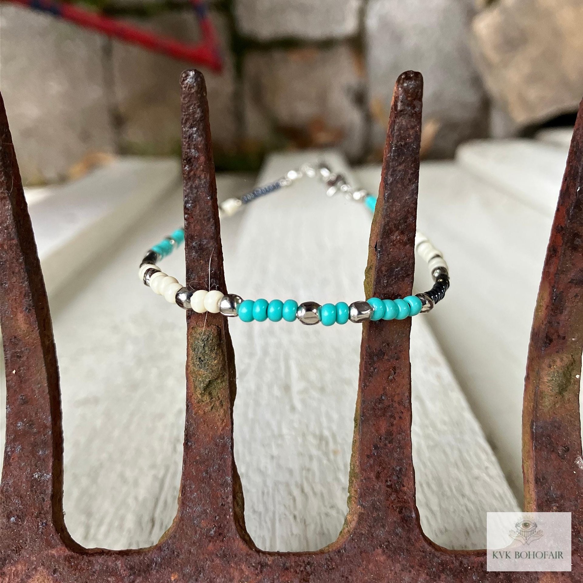 Handcrafted Boho Anklet with Turquoise & Silver Beads - Unique Bohemian Jewelry