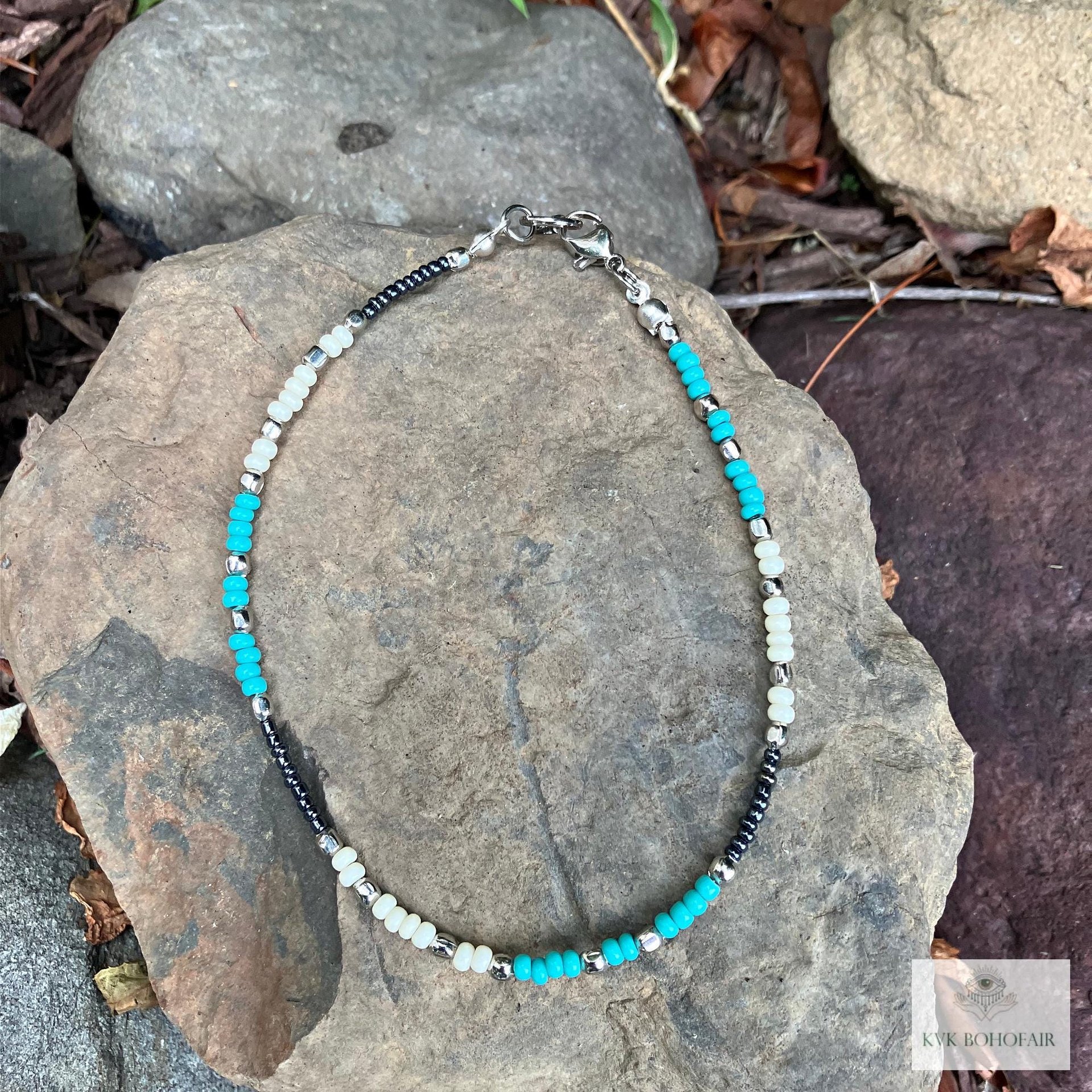 Handcrafted Boho Anklet with Turquoise & Silver Beads - Unique Bohemian Jewelry