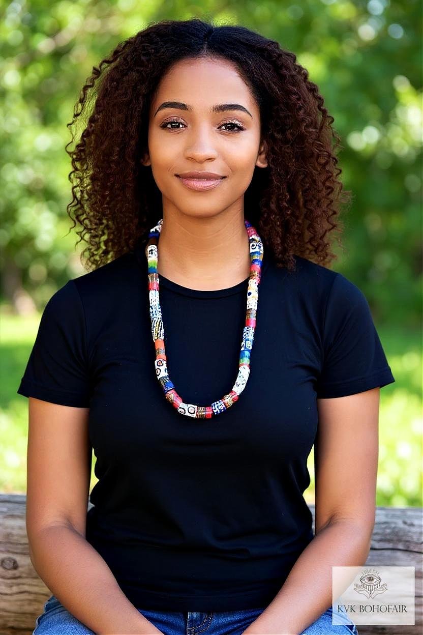 Long African Trade Bead Necklace - Vibrant Bohemian Statement Jewelry