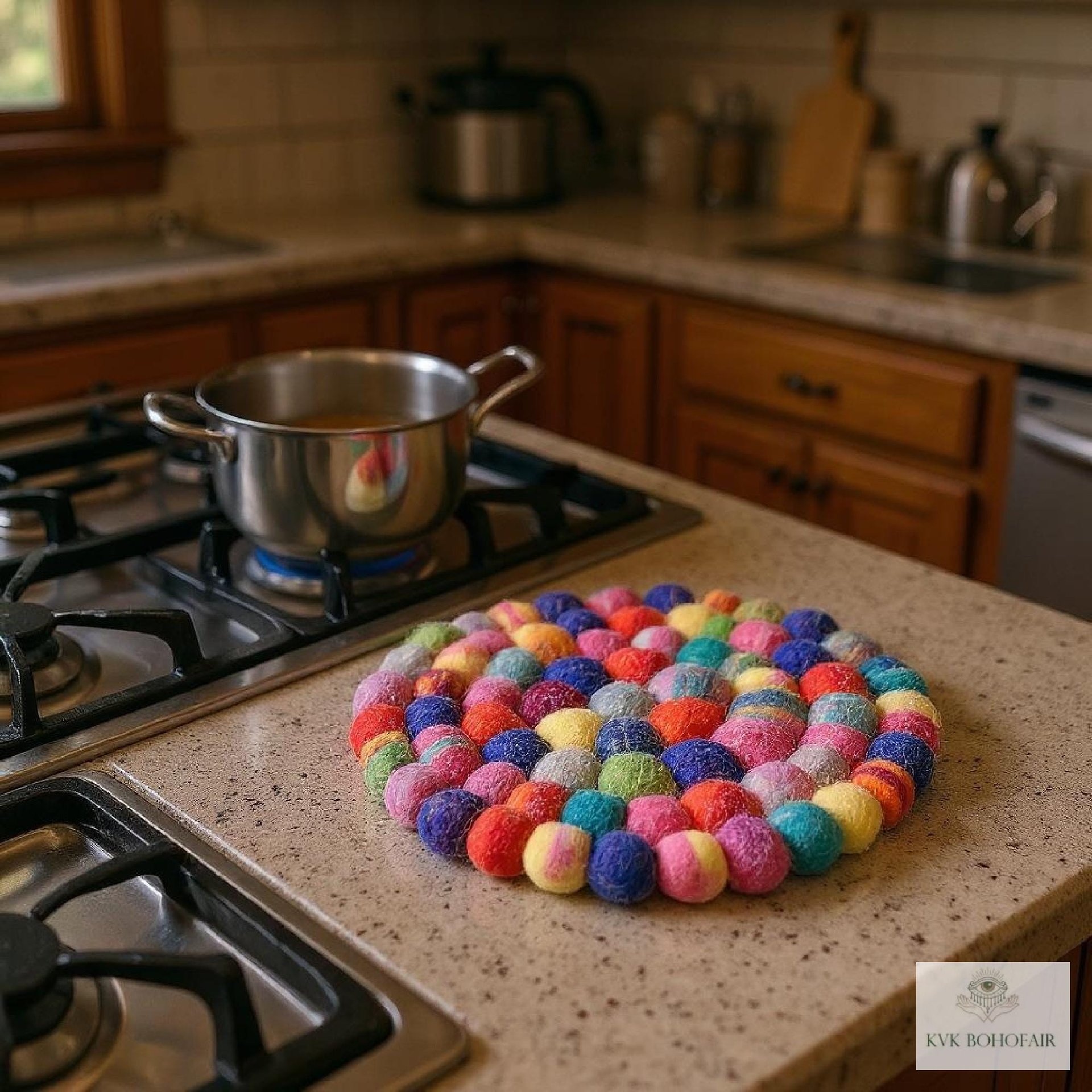 Colorful Felt Ball Trivet: Boho Chic Table Decor, Handmade in Nepal