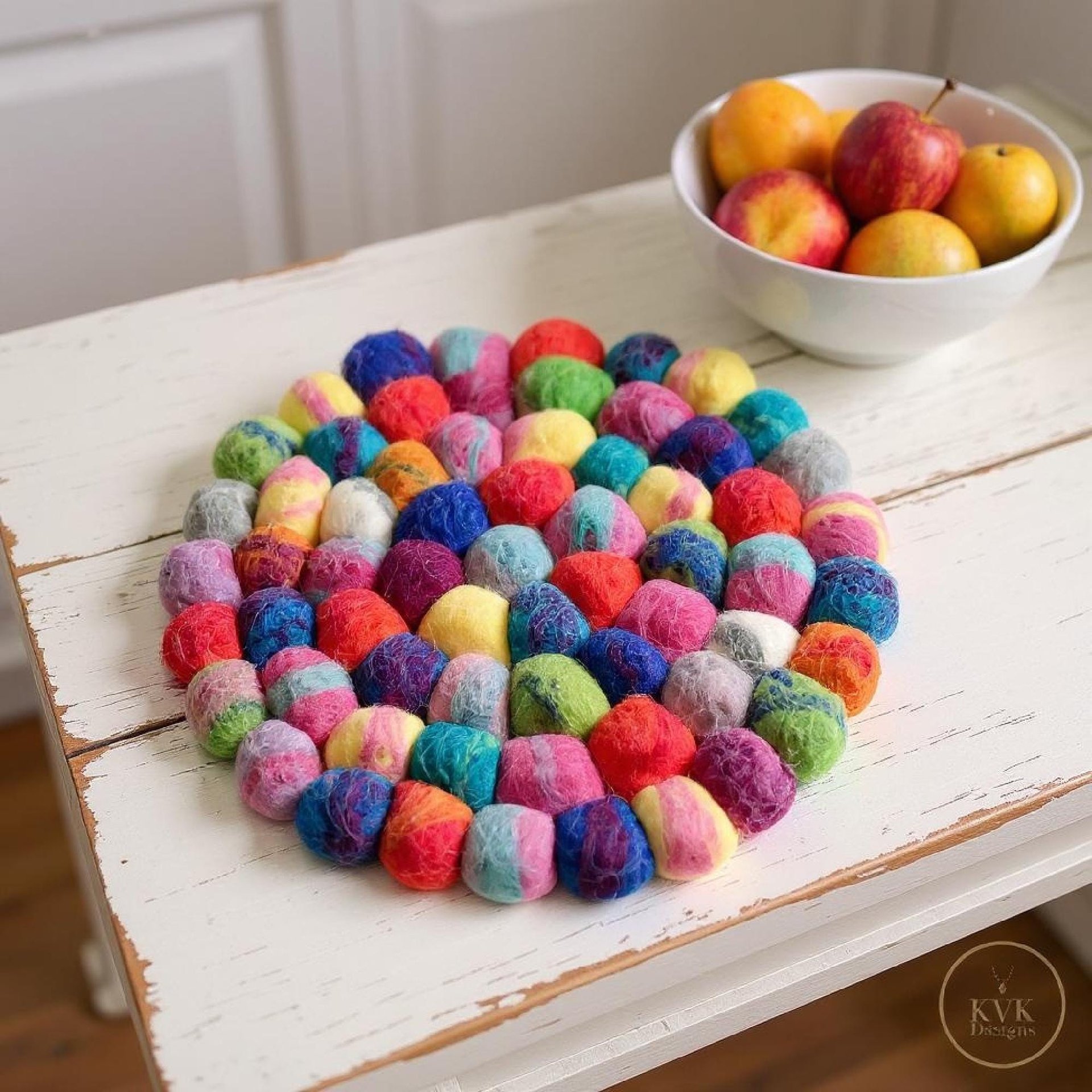 Colorful Felt Ball Trivet: Boho Chic Table Decor, Handmade in Nepal