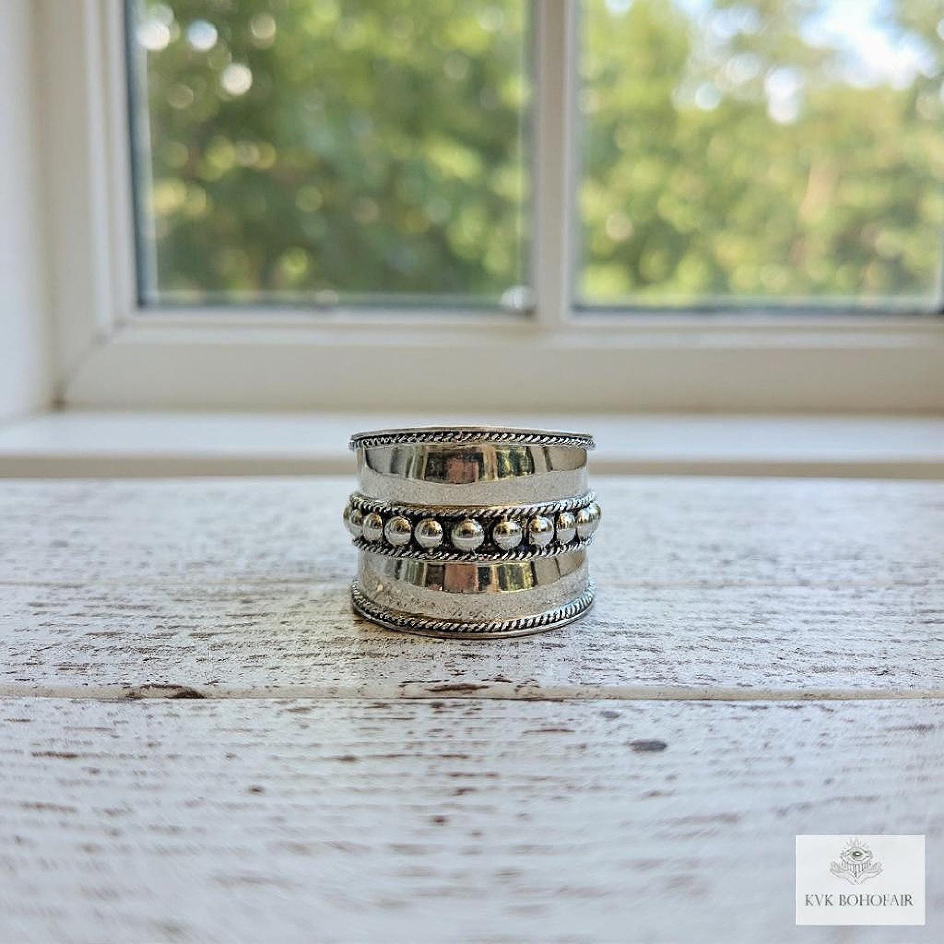 Sterling Silver Wide Band Ring: Boho Dot Detail, Handmade