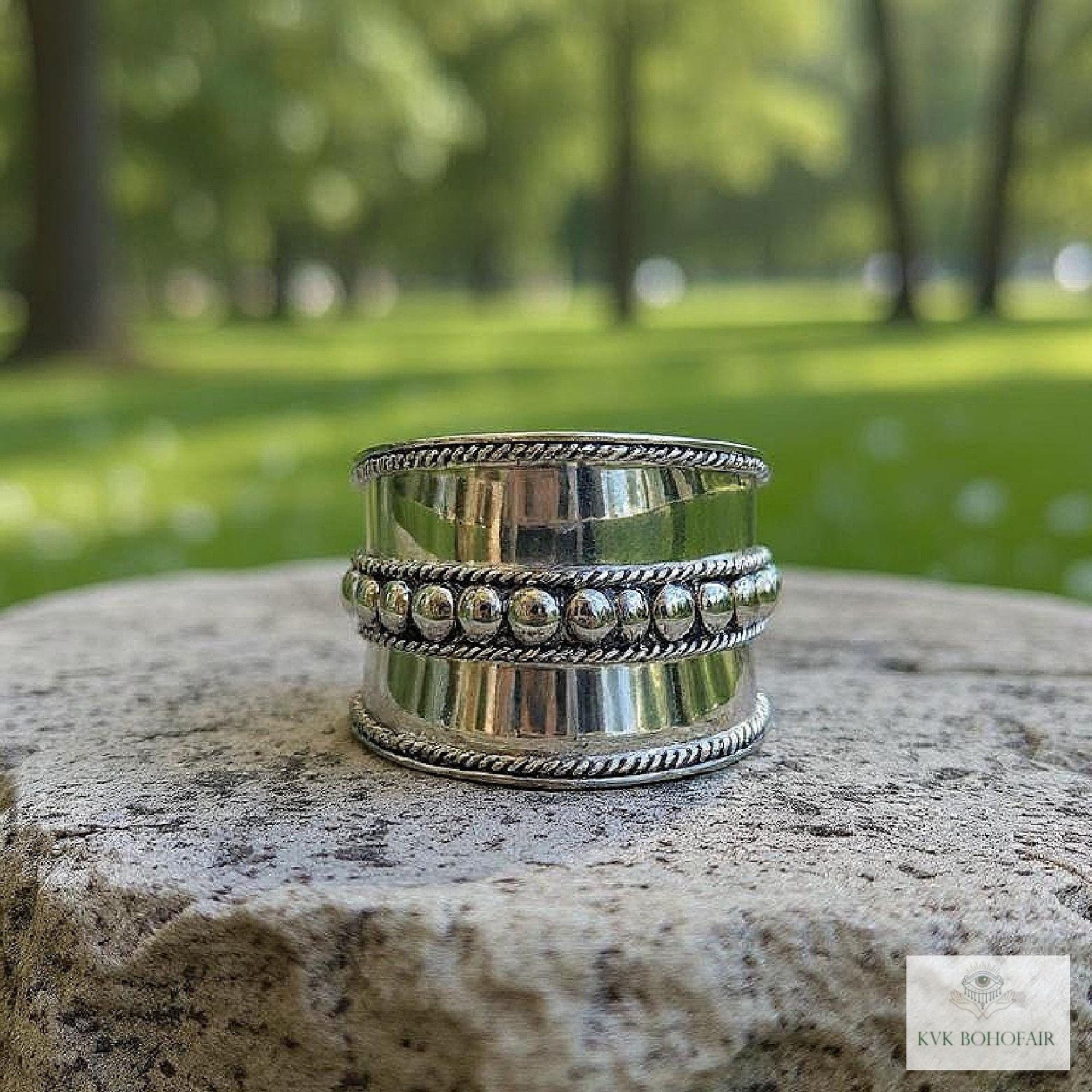 Sterling Silver Wide Band Ring: Boho Dot Detail, Handmade