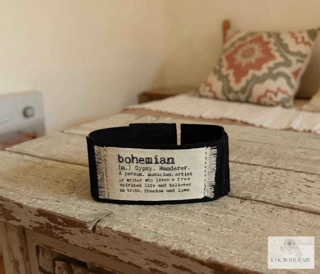 Black Suede Boho Cuff Bracelet - Cotton Fabric, Vintage Crochet, Button Closure