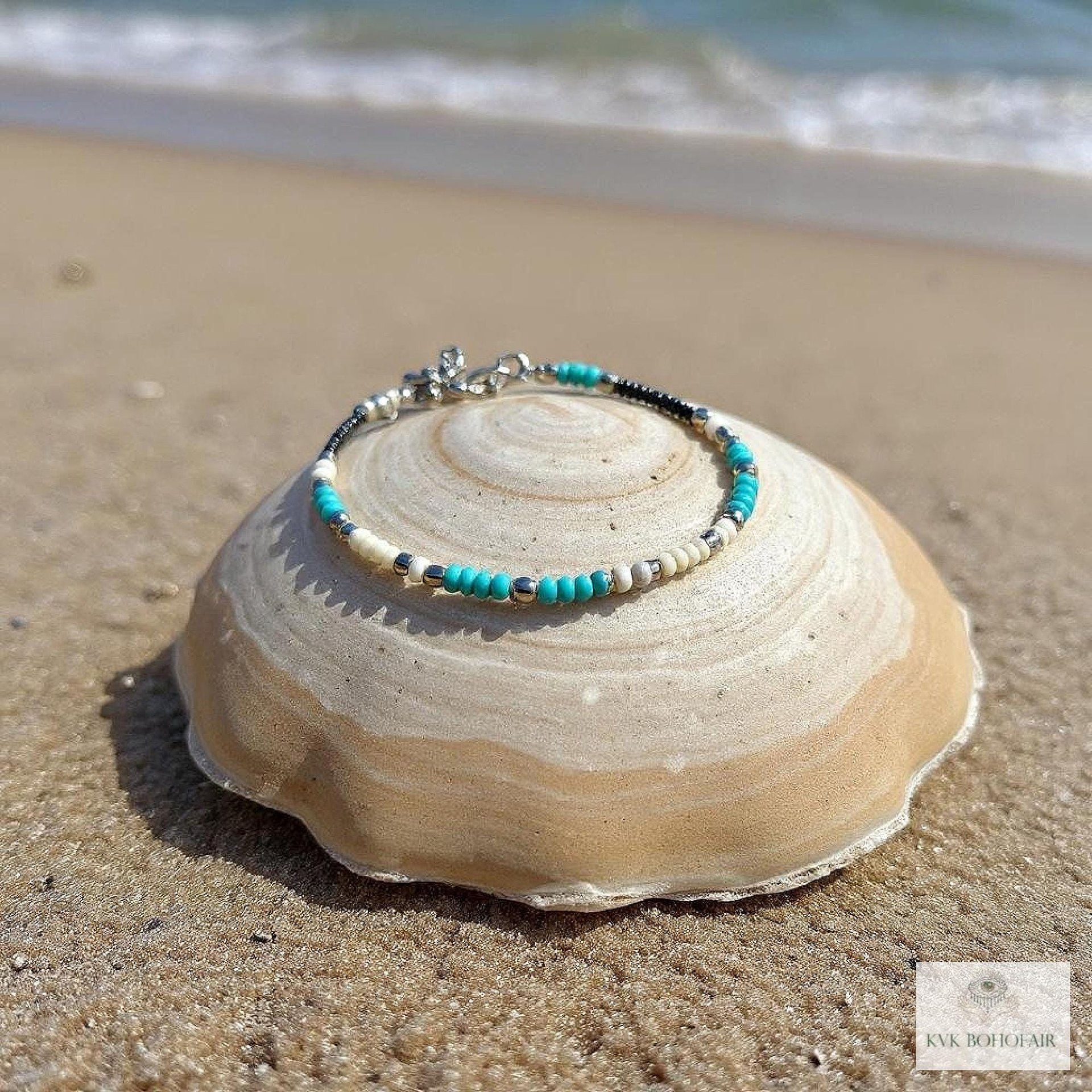 Handcrafted Boho Anklet with Turquoise & Silver Beads - Unique Bohemian Jewelry