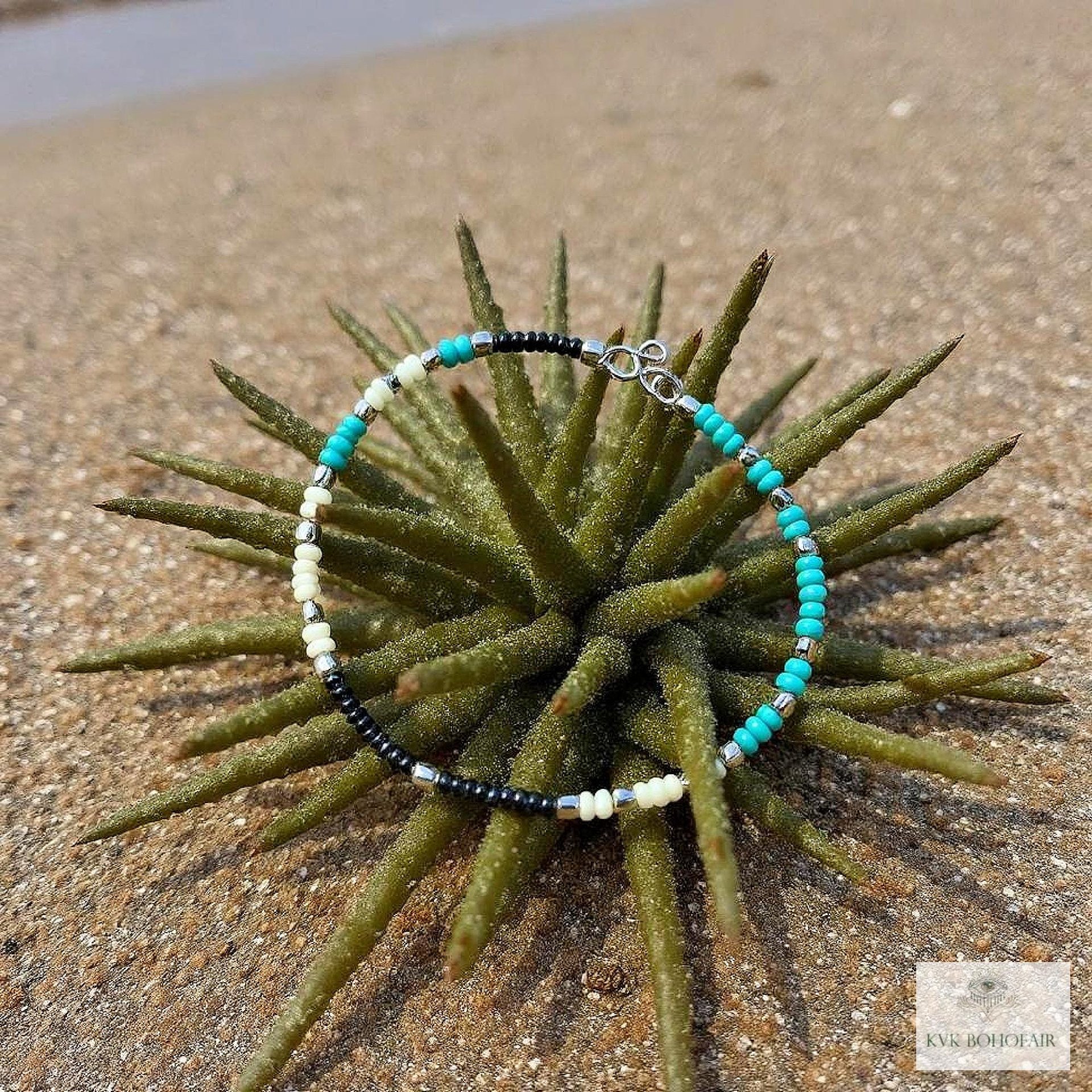 Handcrafted Boho Anklet with Turquoise & Silver Beads - Unique Bohemian Jewelry