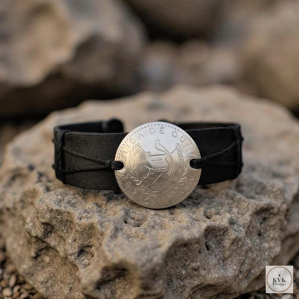 Handcrafted Coin Bracelet from Guatemala - Adjustable Black Leather Cuff
