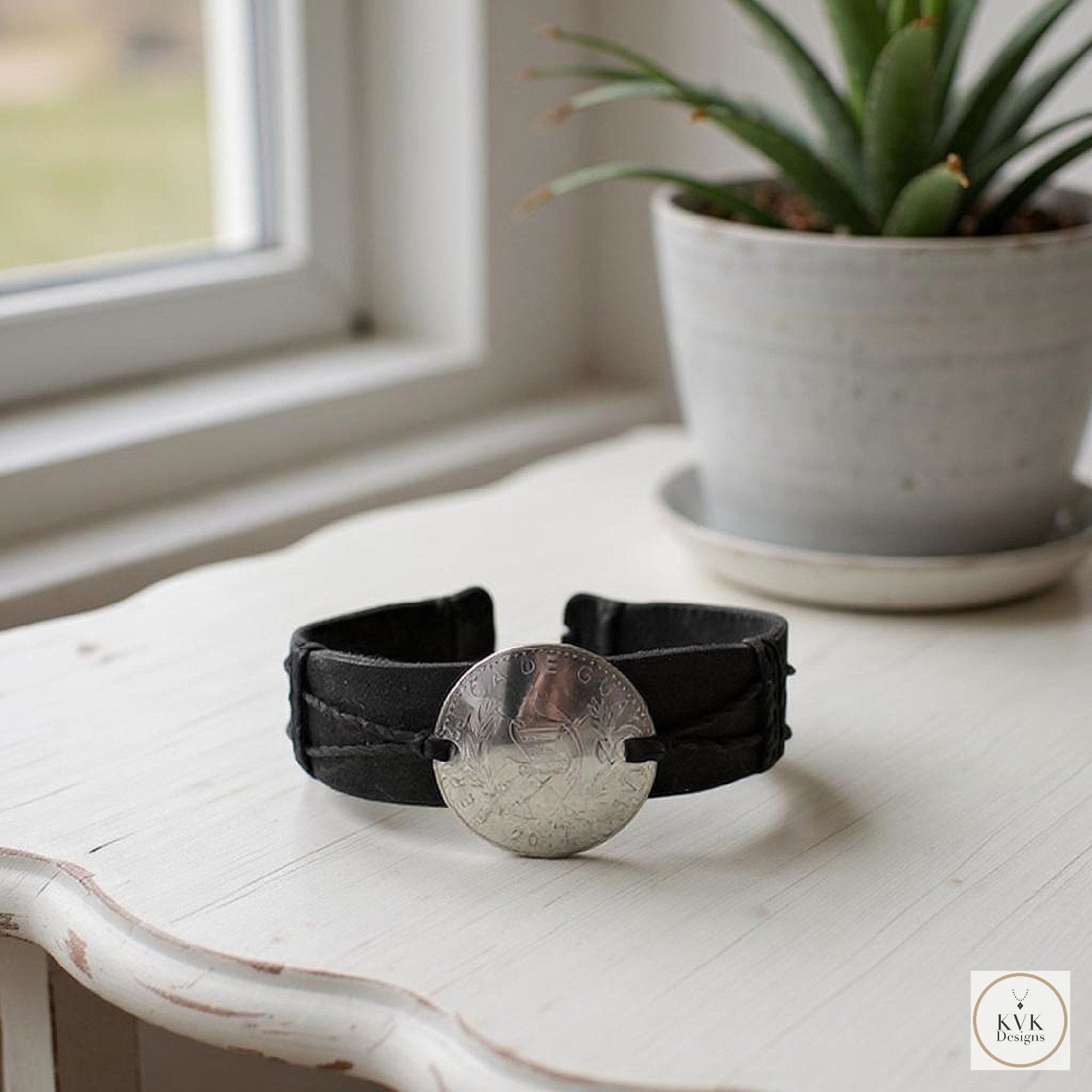 Handcrafted Coin Bracelet from Guatemala - Adjustable Black Leather Cuff