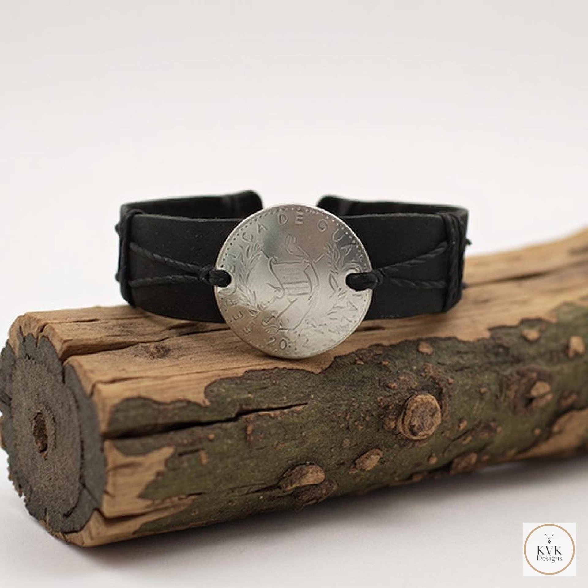 Handcrafted Coin Bracelet from Guatemala - Adjustable Black Leather Cuff