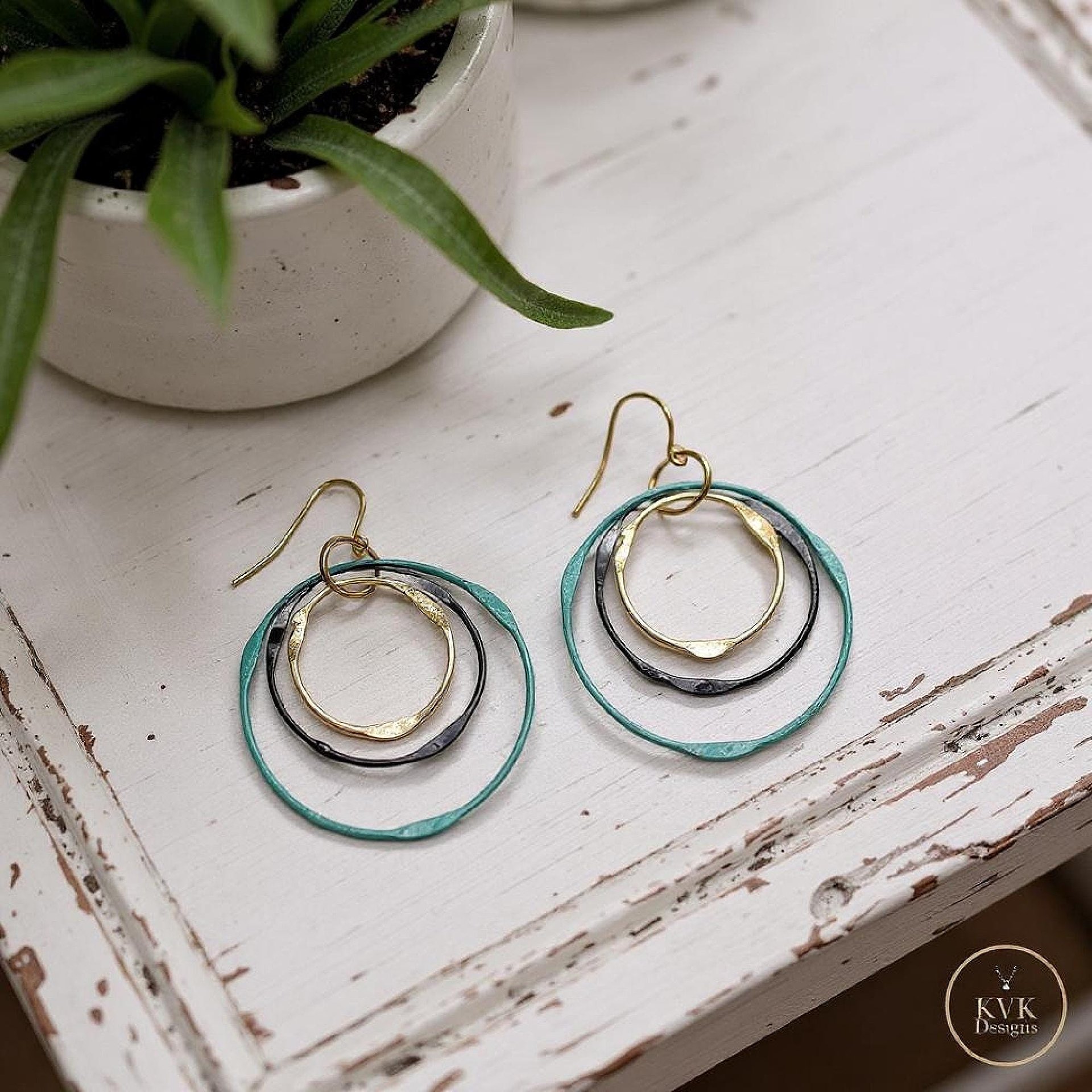 Boho Mixed Metal Round Earrings - Circle Dangle Earrings, Statement Jewelry