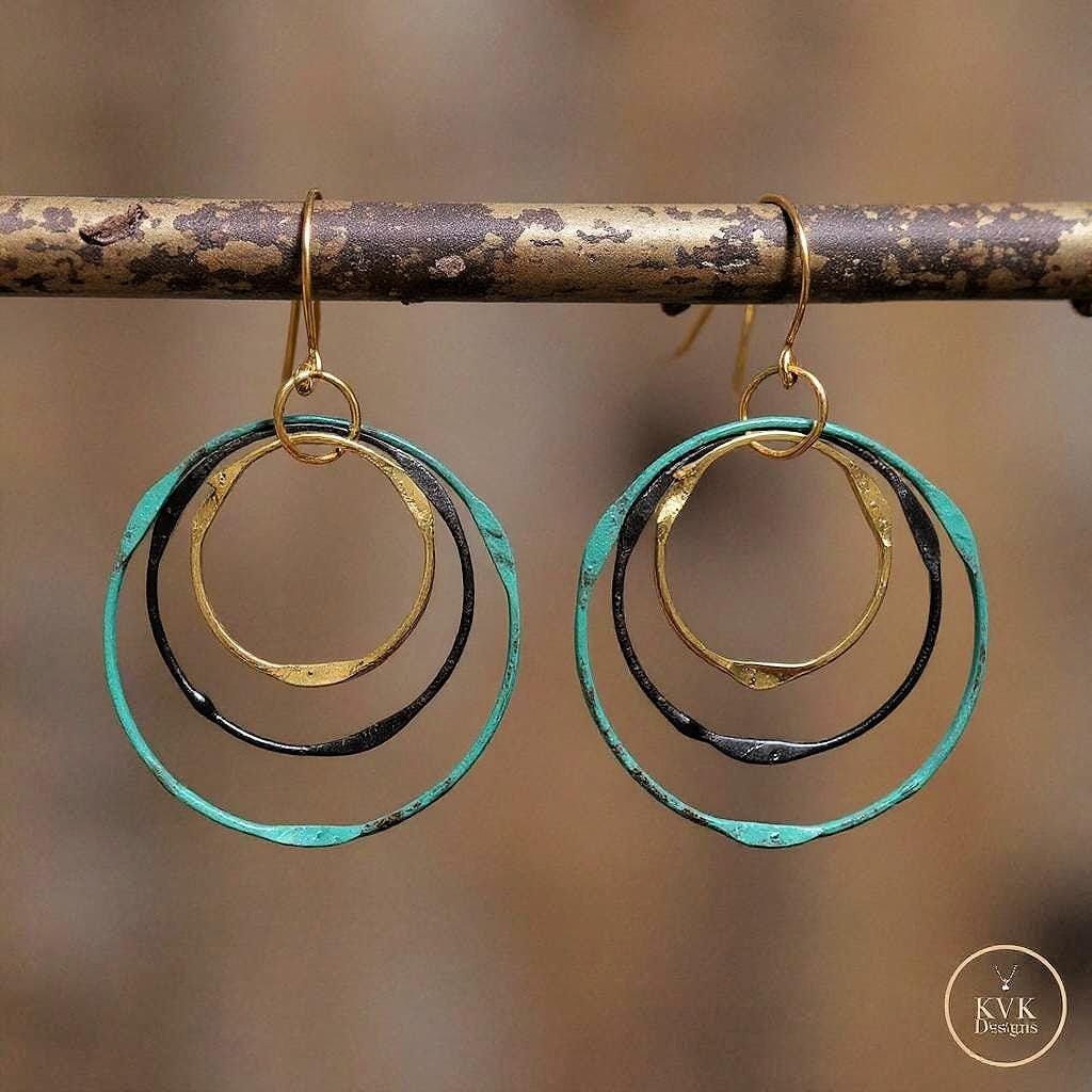 Boho Mixed Metal Round Earrings - Circle Dangle Earrings, Statement Jewelry