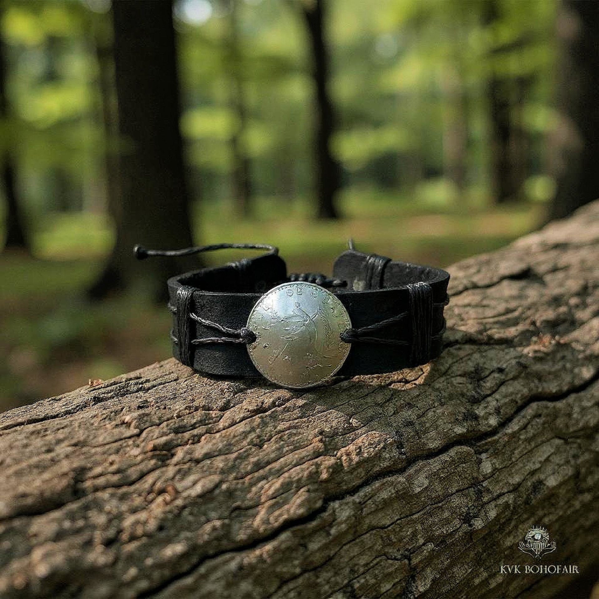 Handcrafted Coin Bracelet from Guatemala - Adjustable Black Leather Cuff