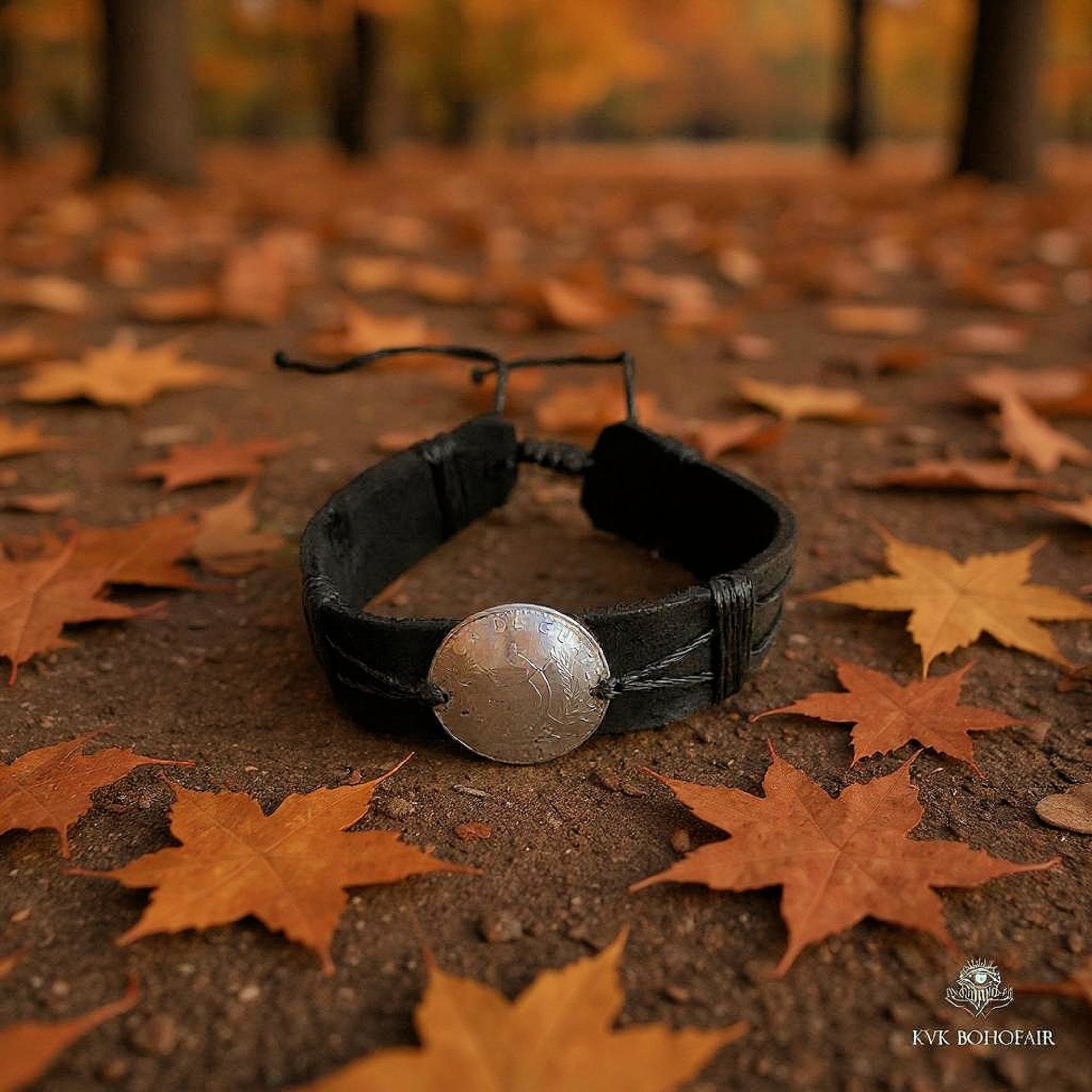 Handcrafted Coin Bracelet from Guatemala - Adjustable Black Leather Cuff