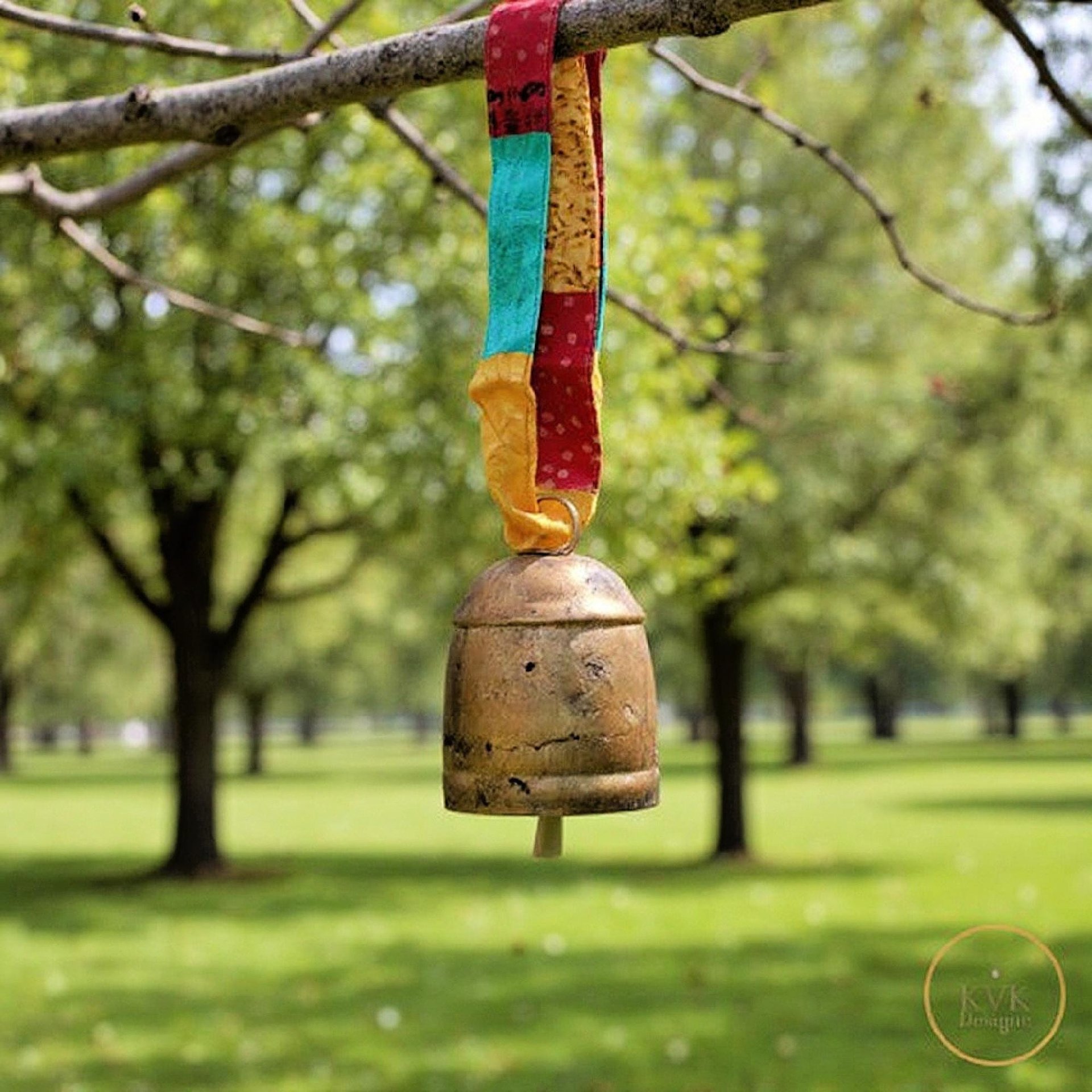 Boho Copper Bell with Colorful Sari Silk Ribbons - Unique Artisan-made Boho Wall Hanging
