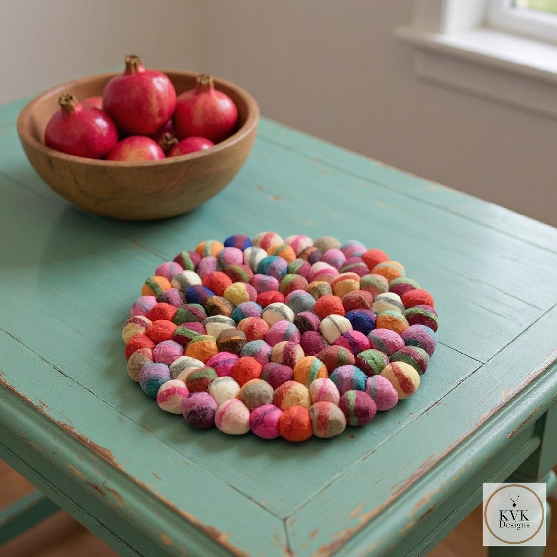 Colorful Felt Ball Trivet: Boho Chic Table Decor, Handmade in Nepal