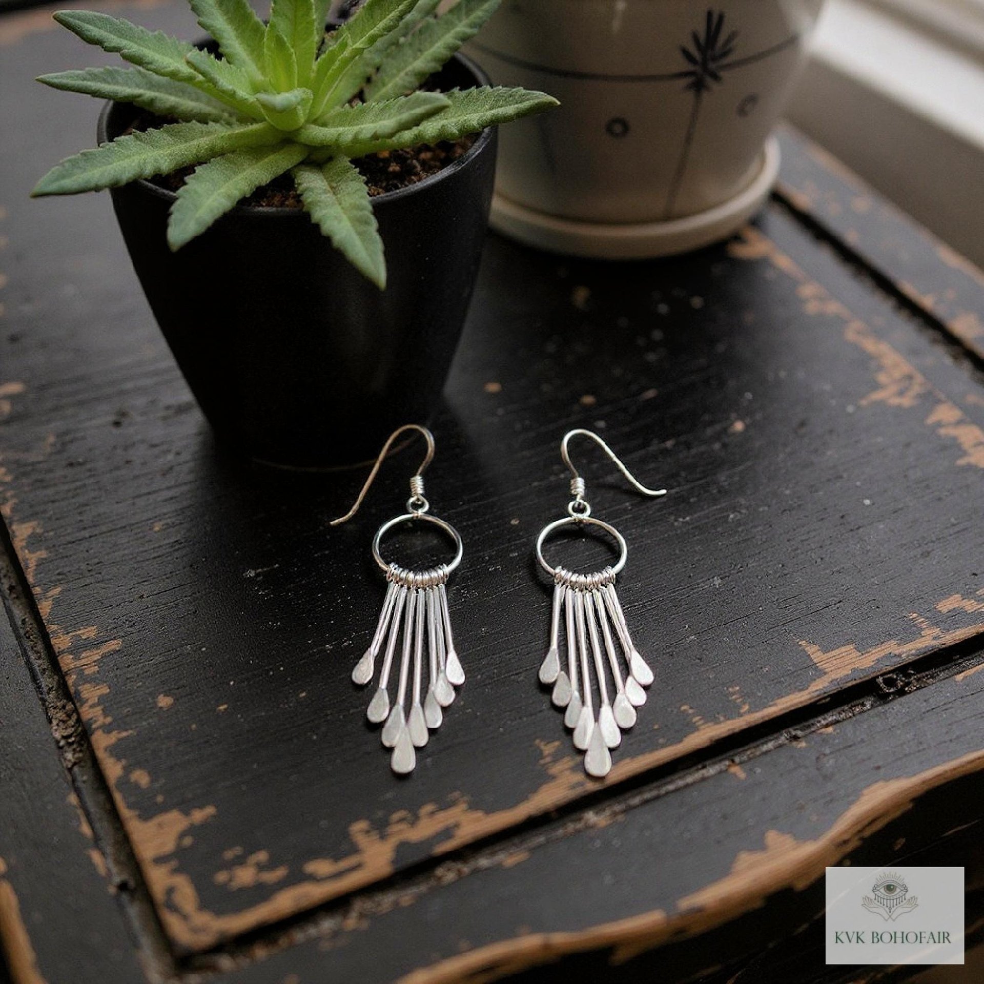 Boho Sterling Silver Fringe Paddle Earrings - Statement Jewelry