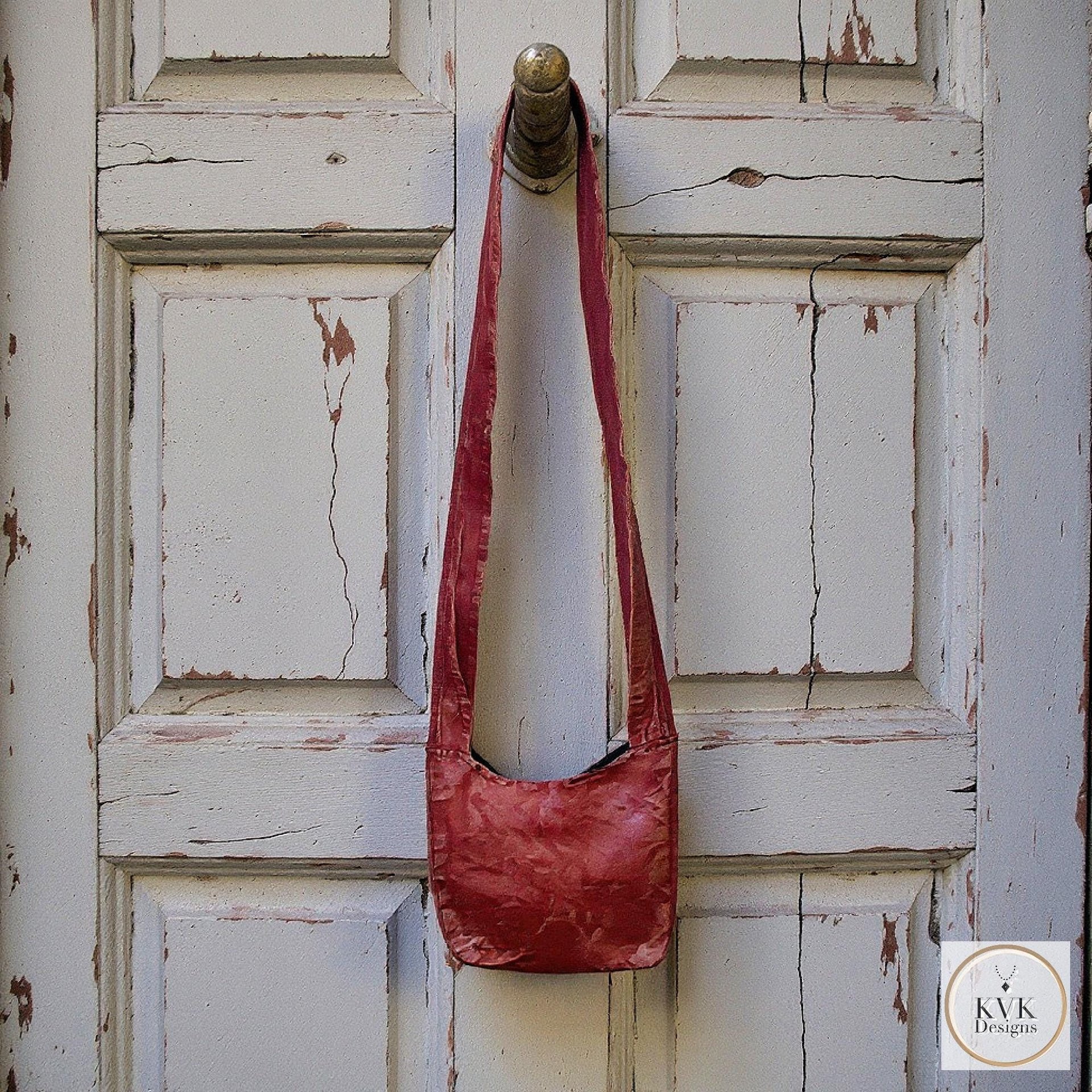 Red Handmade Crossbody Bag with Spiritual OM Symbol - Hippie Style Shoulder Bag