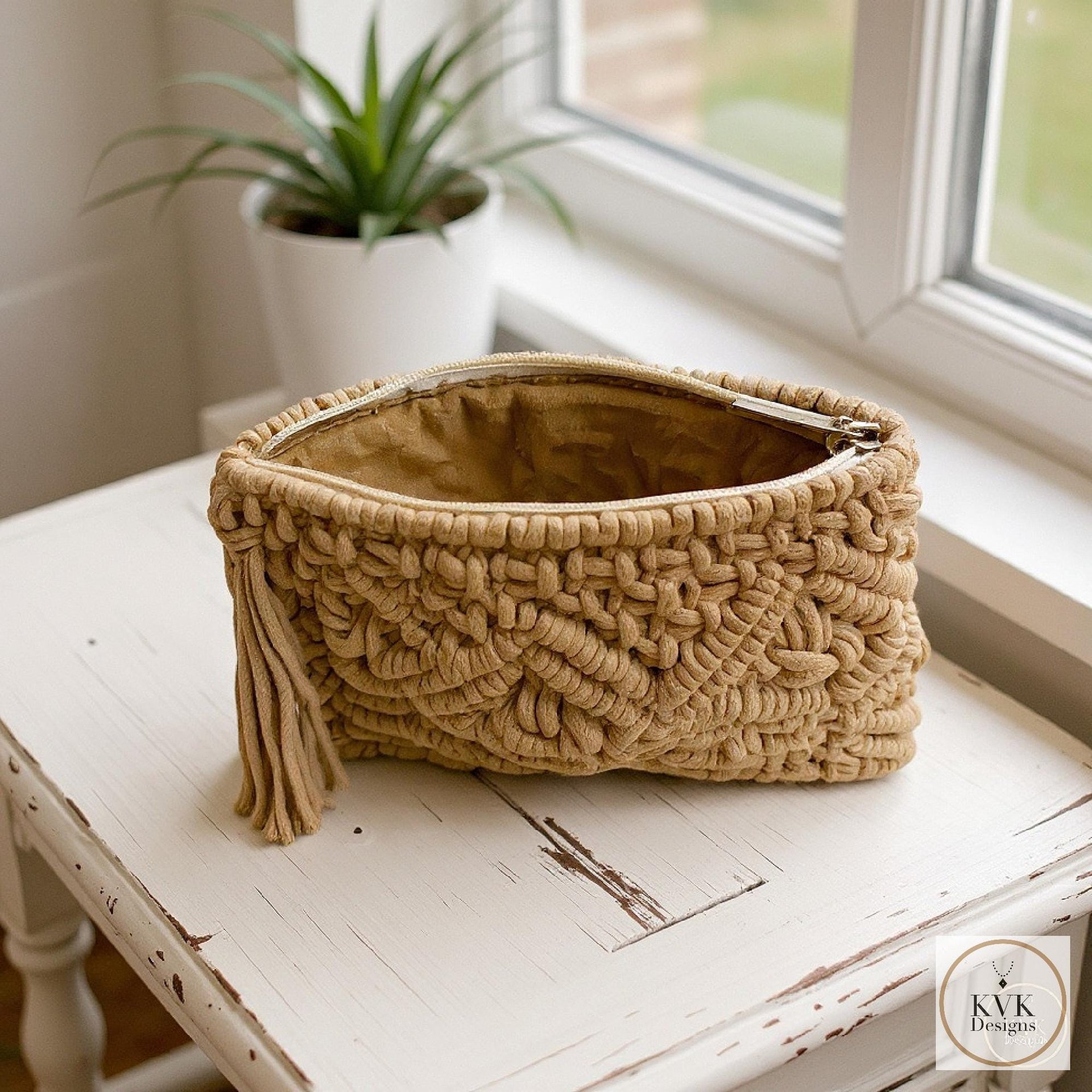 Tan Macramé Clutch Bag - Boho Bag, Summer Purse