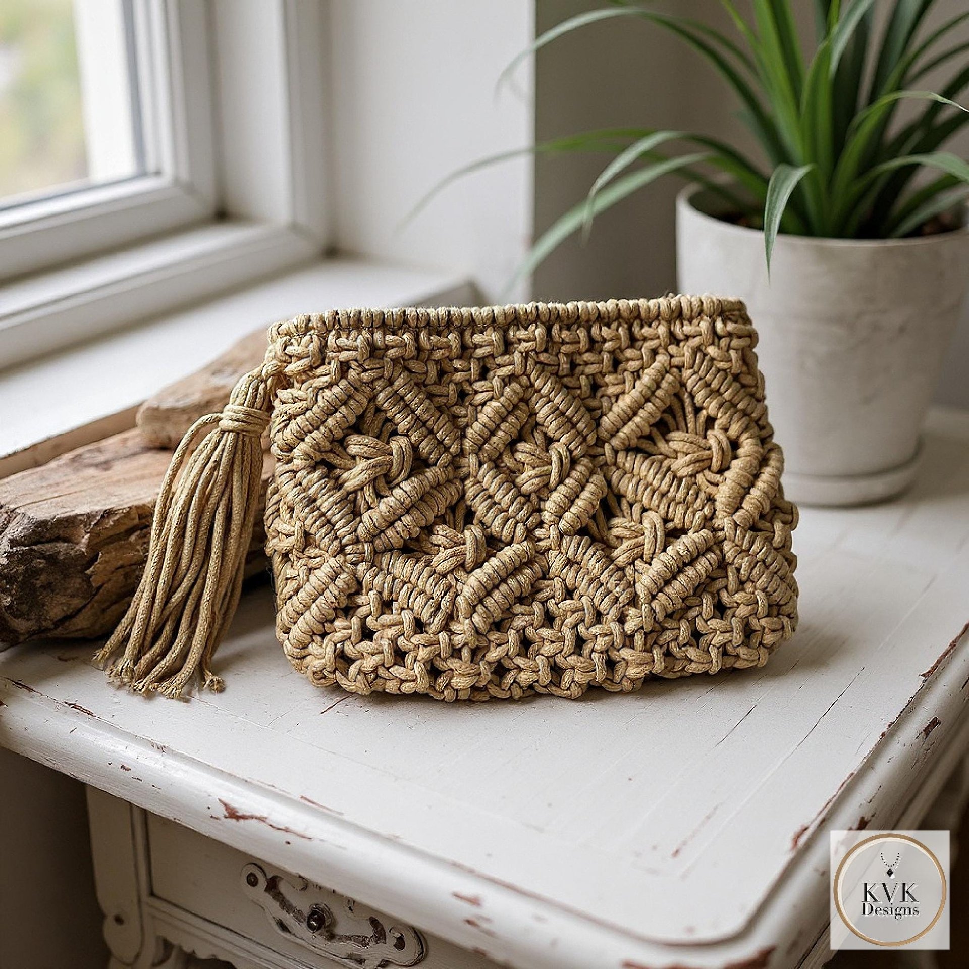 Tan Macramé Clutch Bag - Boho Bag, Summer Purse