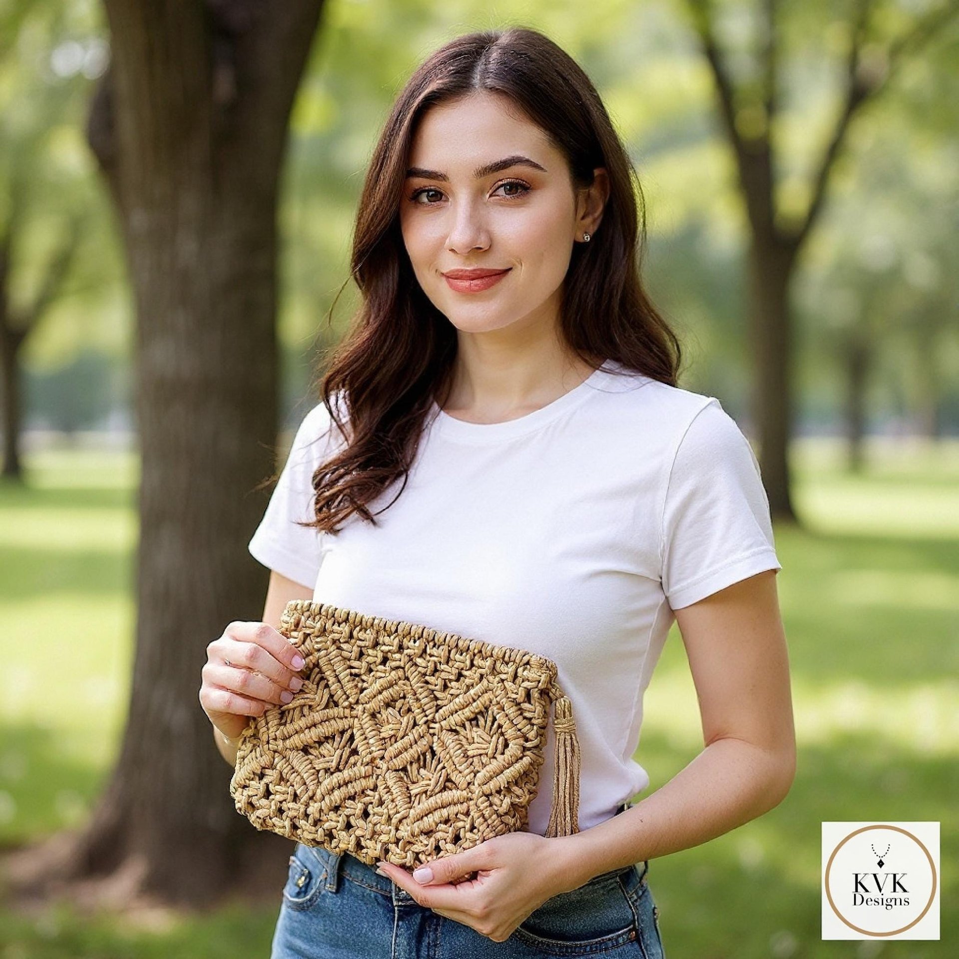 Tan Macramé Clutch Bag - Boho Bag, Summer Purse