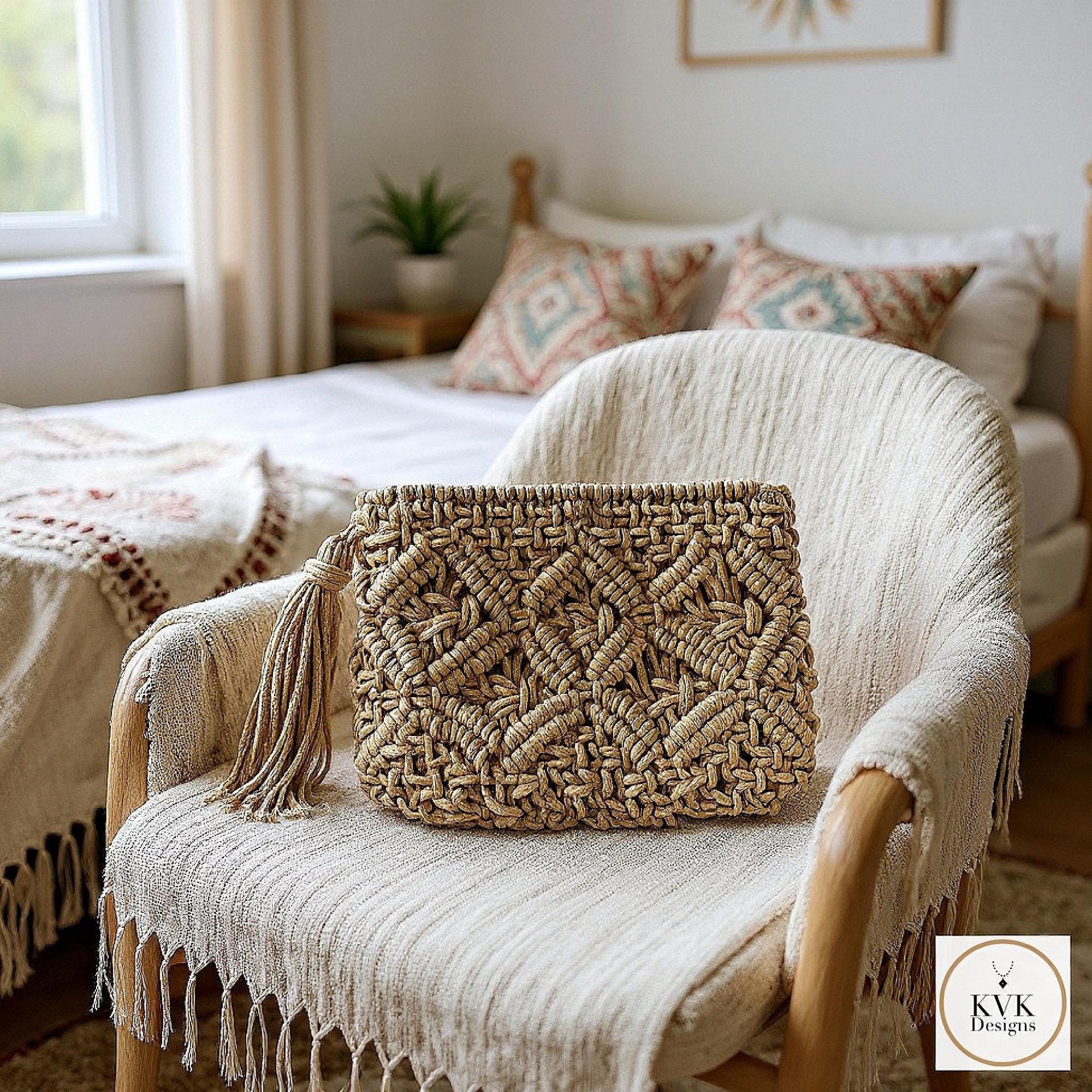 Tan Macramé Clutch Bag - Boho Bag, Summer Purse