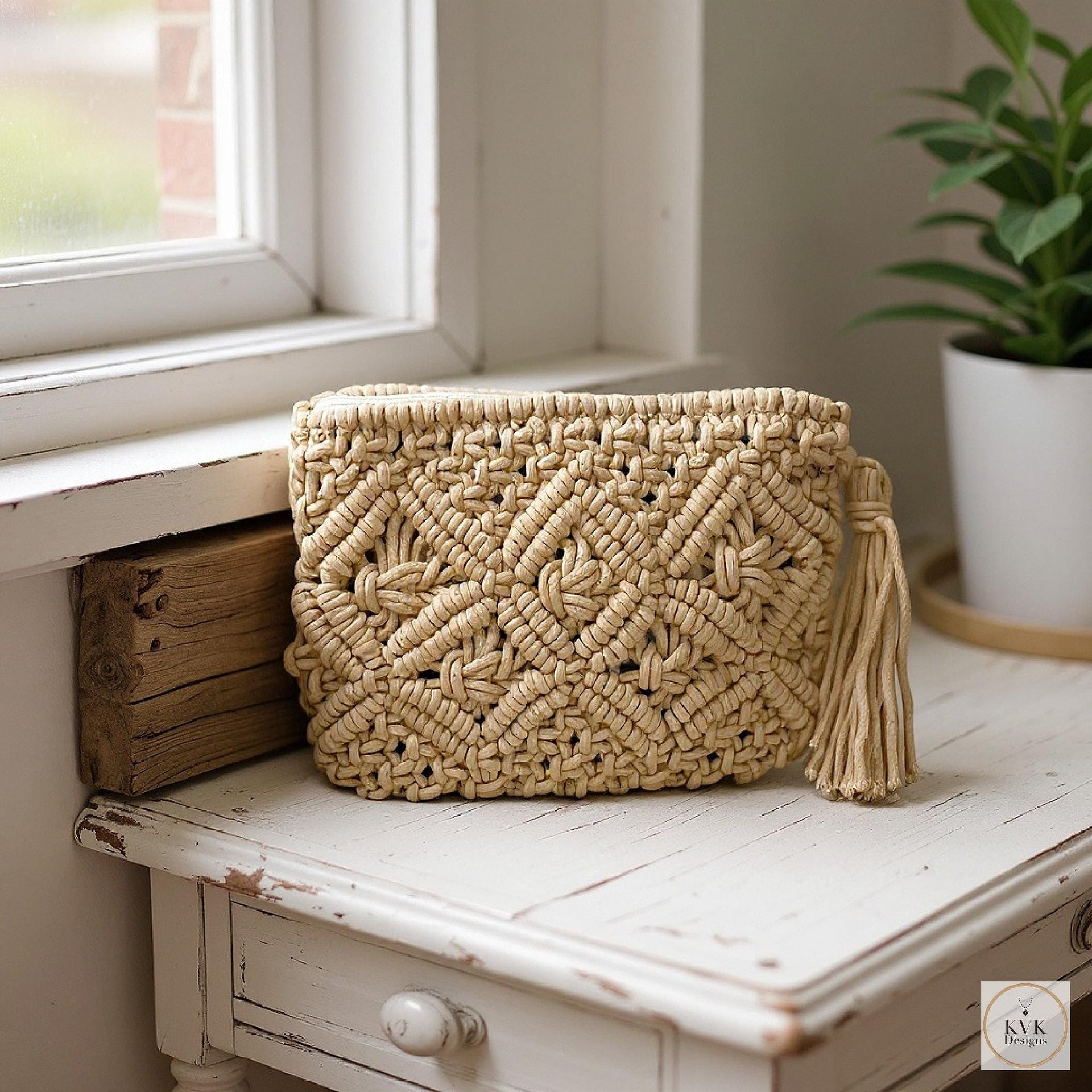 Tan Macramé Clutch Bag - Boho Bag, Summer Purse