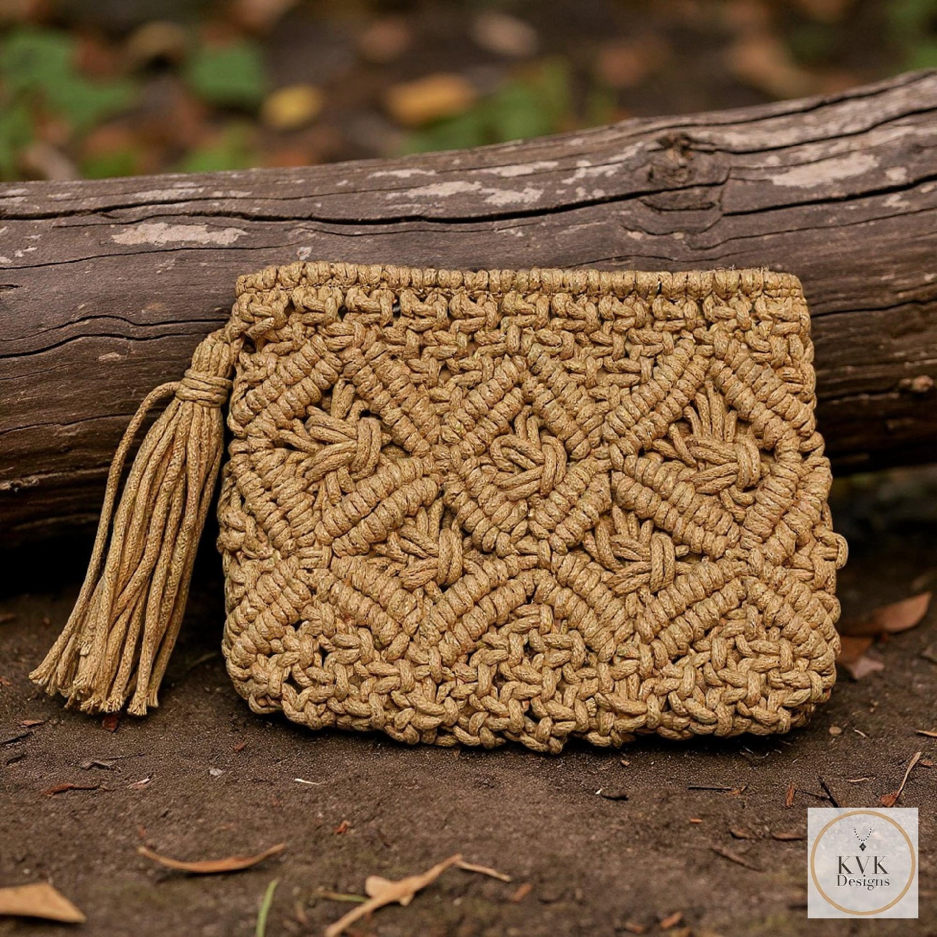 Tan Macramé Clutch Bag - Boho Bag, Summer Purse