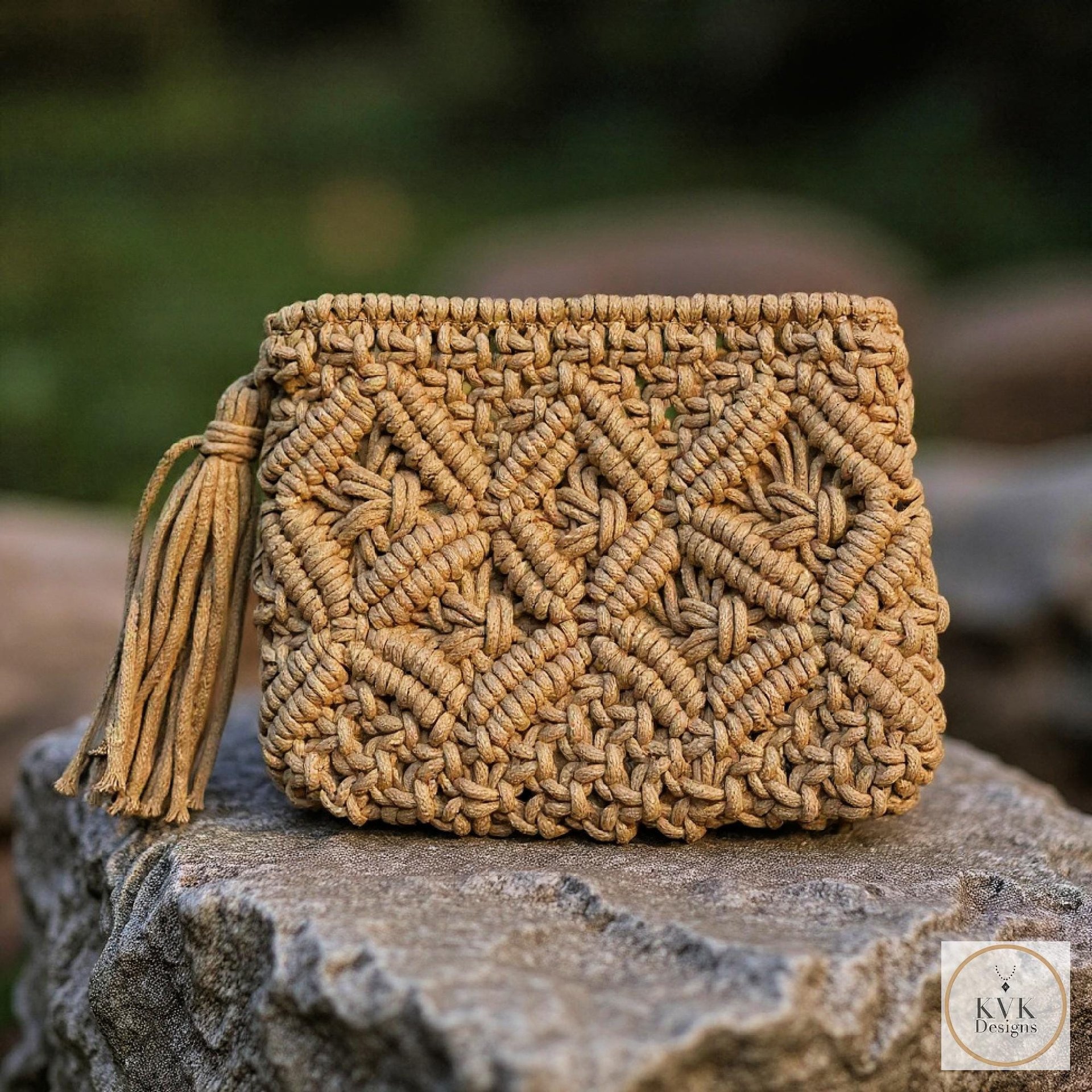 Tan Macramé Clutch Bag - Boho Bag, Summer Purse