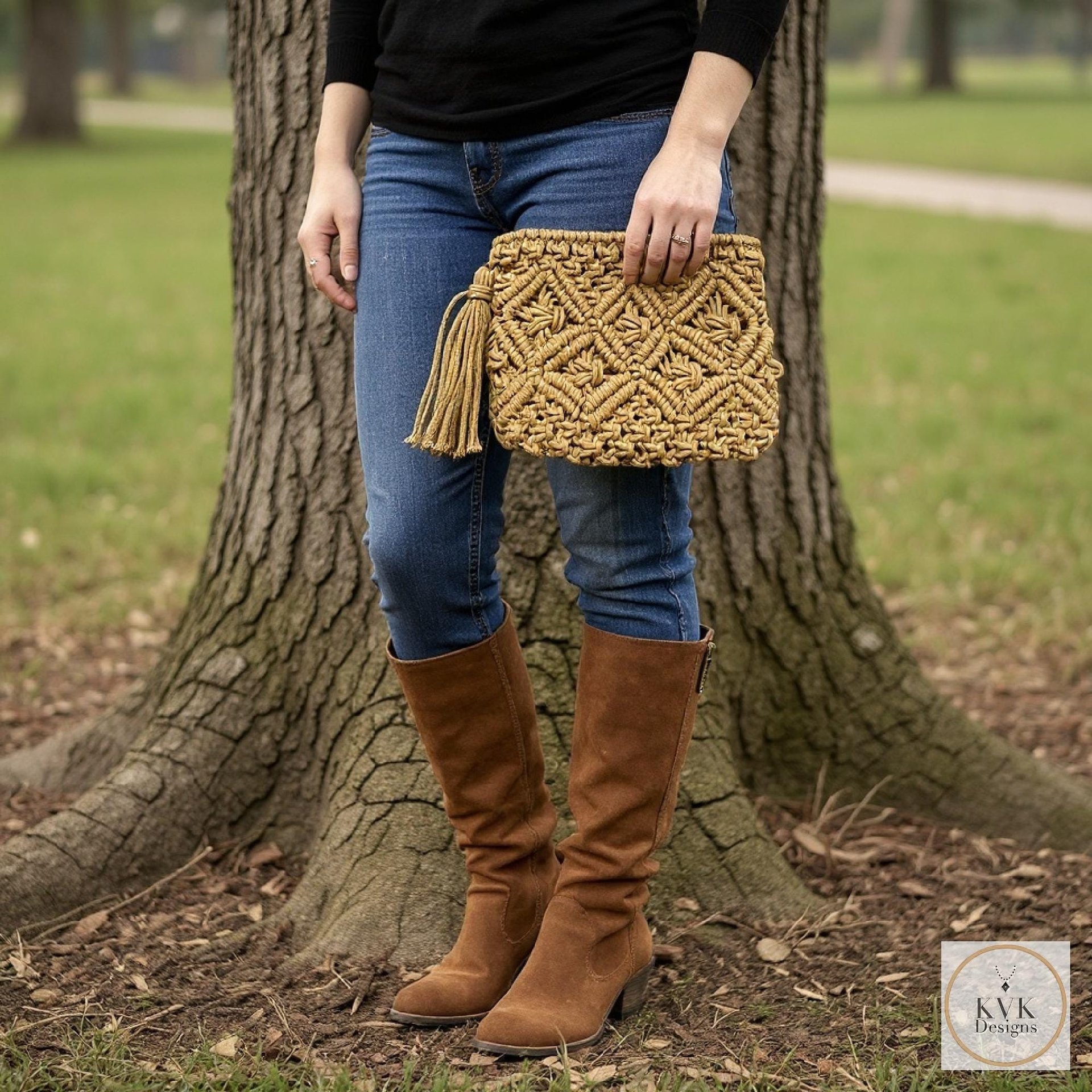 Tan Macramé Clutch Bag - Boho Bag, Summer Purse