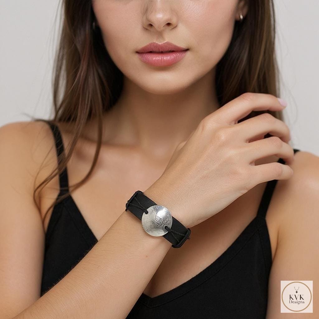 Handcrafted Coin Bracelet from Guatemala - Adjustable Black Leather Cuff