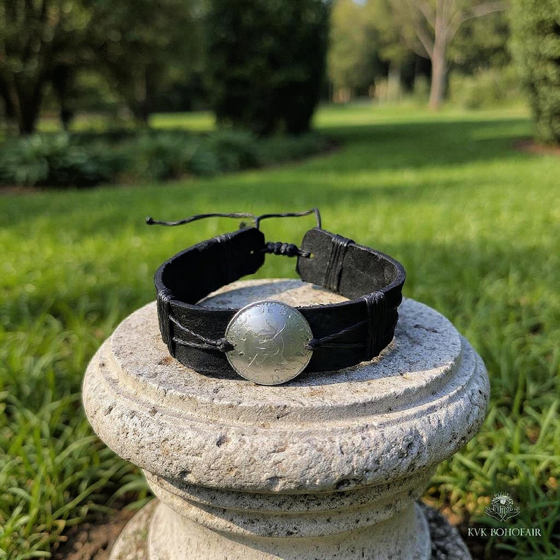 Handcrafted Coin Bracelet from Guatemala - Adjustable Black Leather Cuff