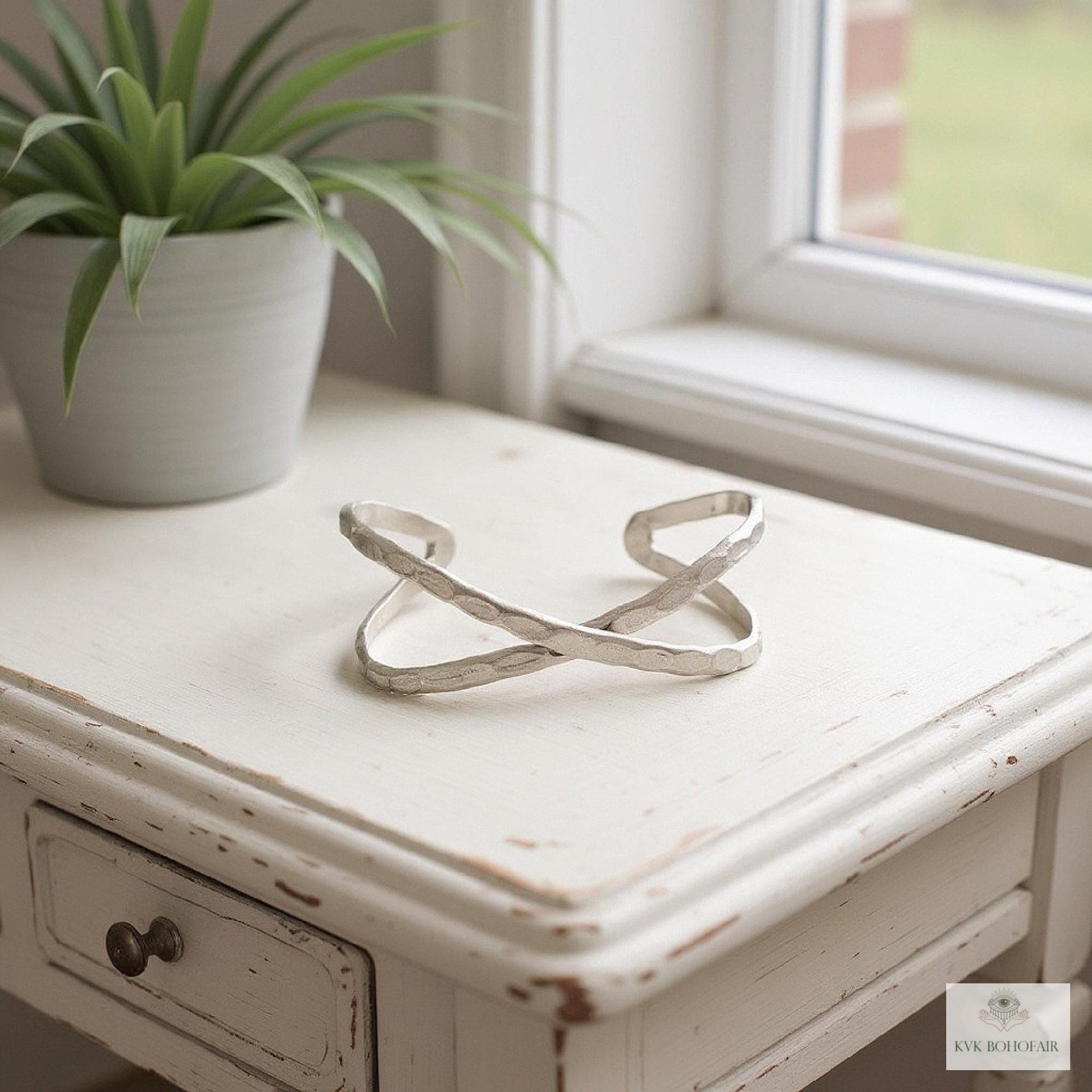 Hammered Silver Criss Cross Cuff Bracelet: Boho X Design