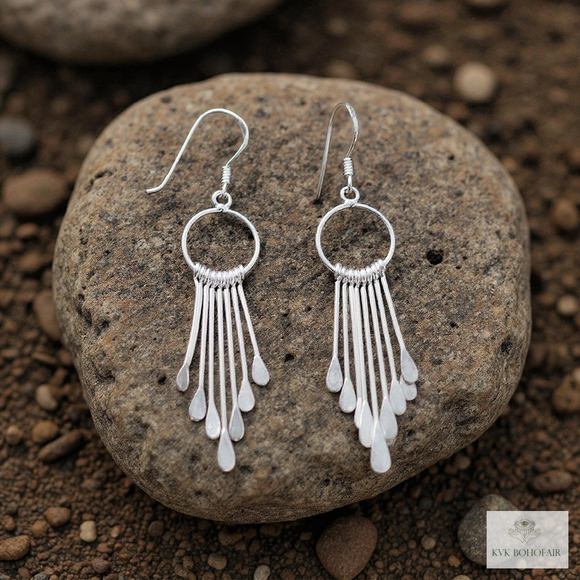 Boho Sterling Silver Fringe Paddle Earrings - Statement Jewelry