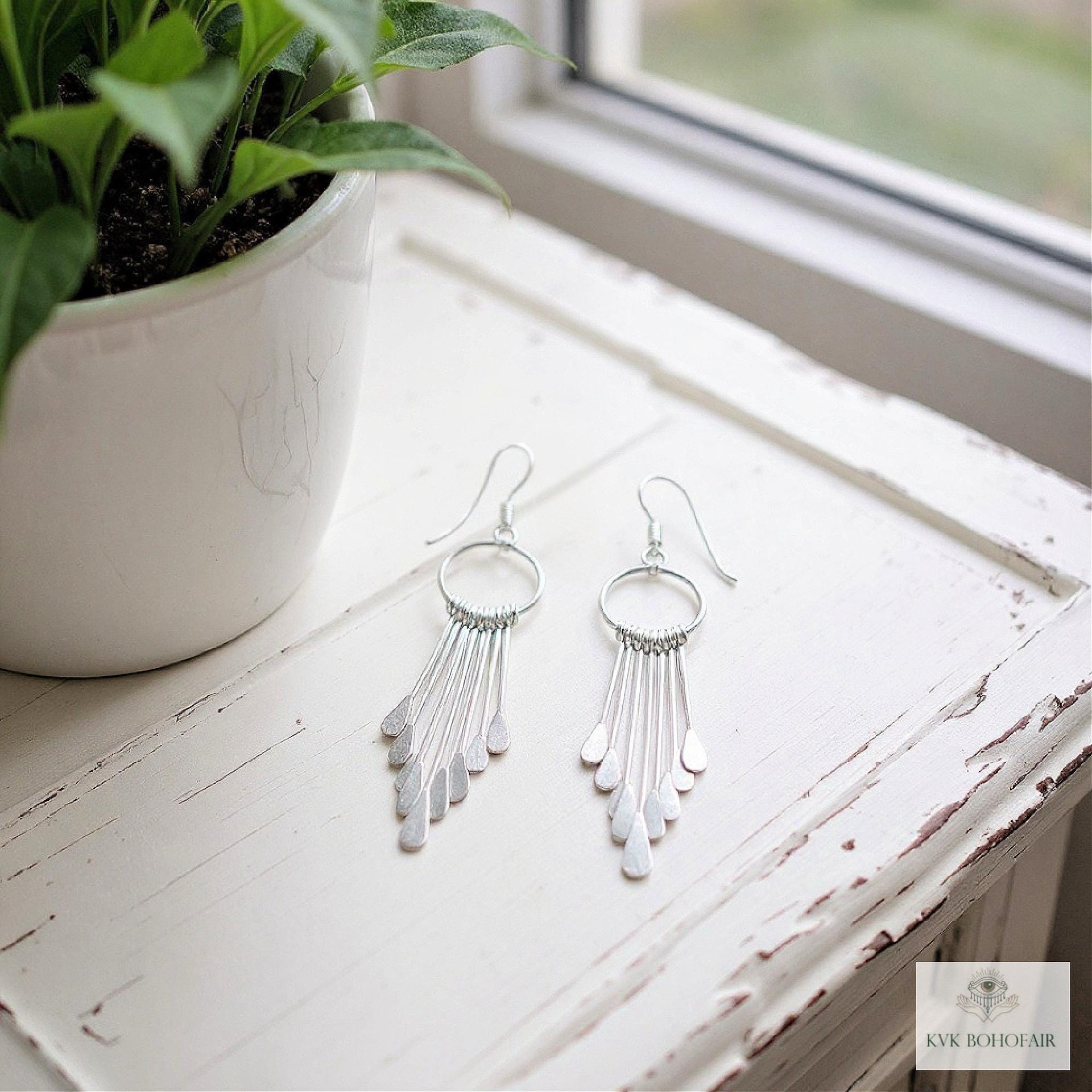 Boho Sterling Silver Fringe Paddle Earrings - Statement Jewelry