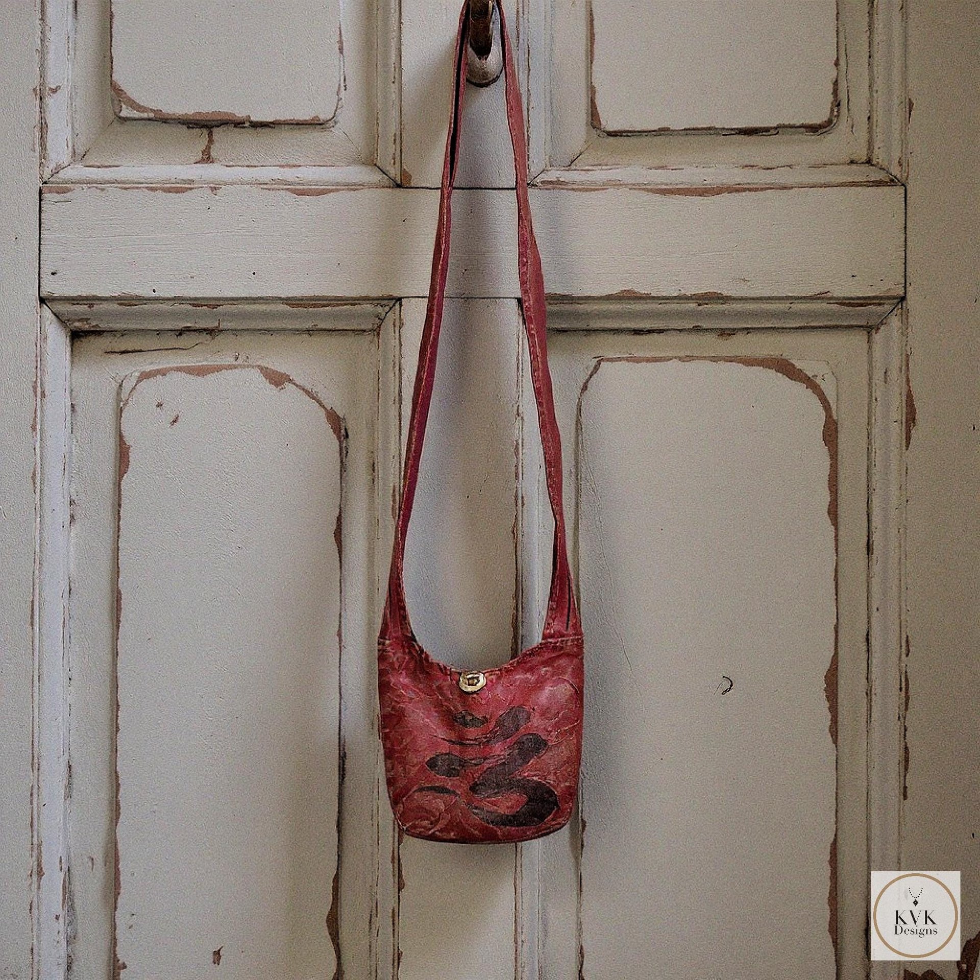Red Handmade Crossbody Bag with Spiritual OM Symbol - Hippie Style Shoulder Bag